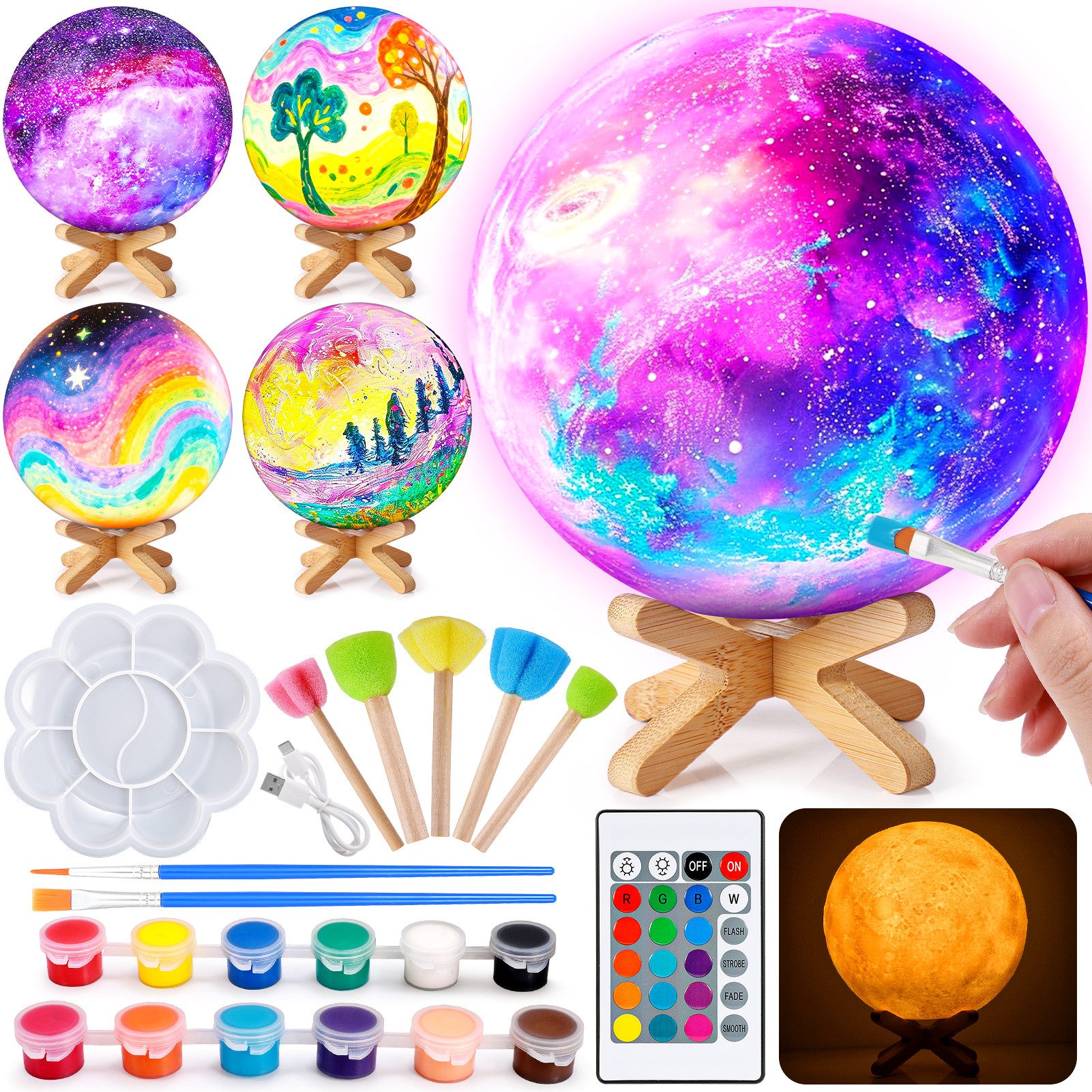 Wootoy Kreativset DIY Mondlampe Bastelset LED Nachttischlampe Nachtlicht Dekolicht, (mit 12 Farben Fernbedienung und Holzsockel, 1-tlg., 16 Lichtfarben und 4 Lichtmodi für vielseitige Beleuchtung), Kreativen Gestalten für Kinder ab 6 Jahren