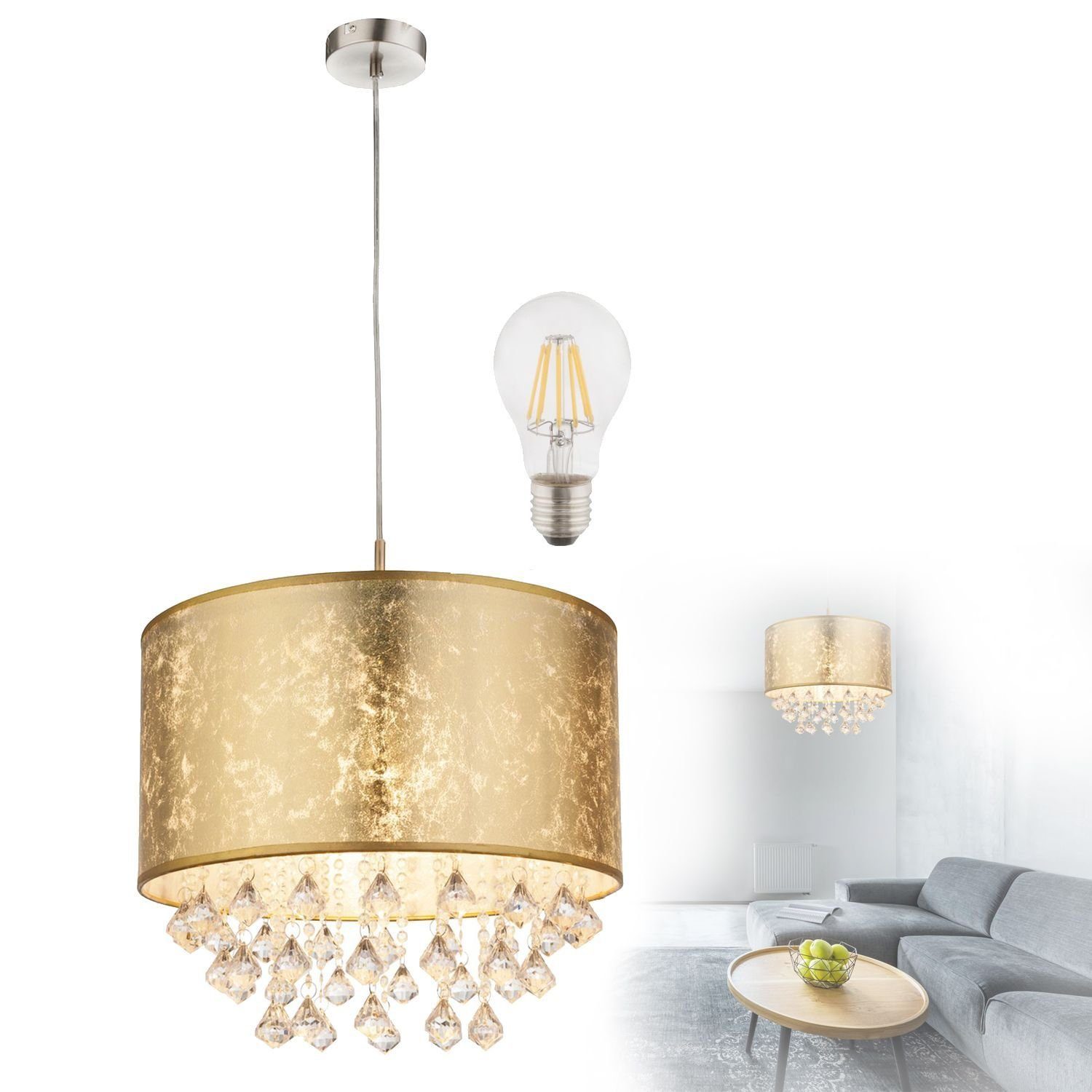 bmf-versand Hängeleuchte Hängeleuchte Esszimmer LED Pendelleuchte Wohnzimmer Hängelampe Gold, rund, modern, Acrylkristalle, Kristalle, ohne Leuchtmittel, Warmweiß, Pendellampe