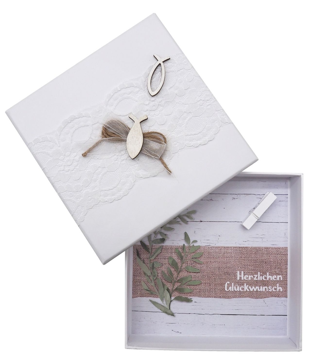 ZauberDeko Geschenkbox Geldgeschenk Verpackung Kommunion Konfirmation LUKAS Fisch Weiß