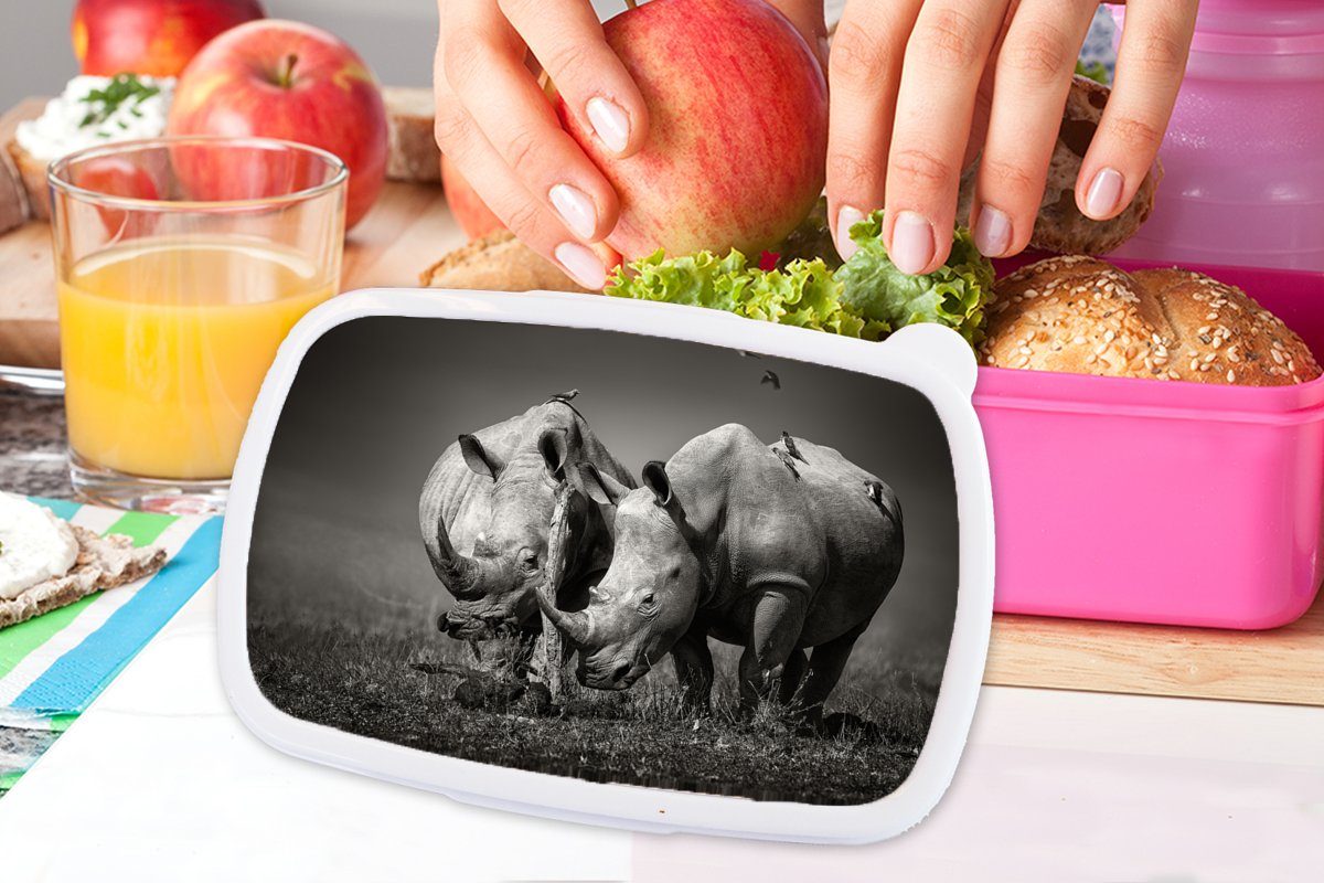 MuchoWow Lunchbox Erwachsene, (2-tlg), - Mädchen, Brotbox Kunststoff - für Brotdose weiß, und Kunststoff, Schwarz - Kinder, - Snackbox, rosa Nashorn Vogel Landschaft Tiere