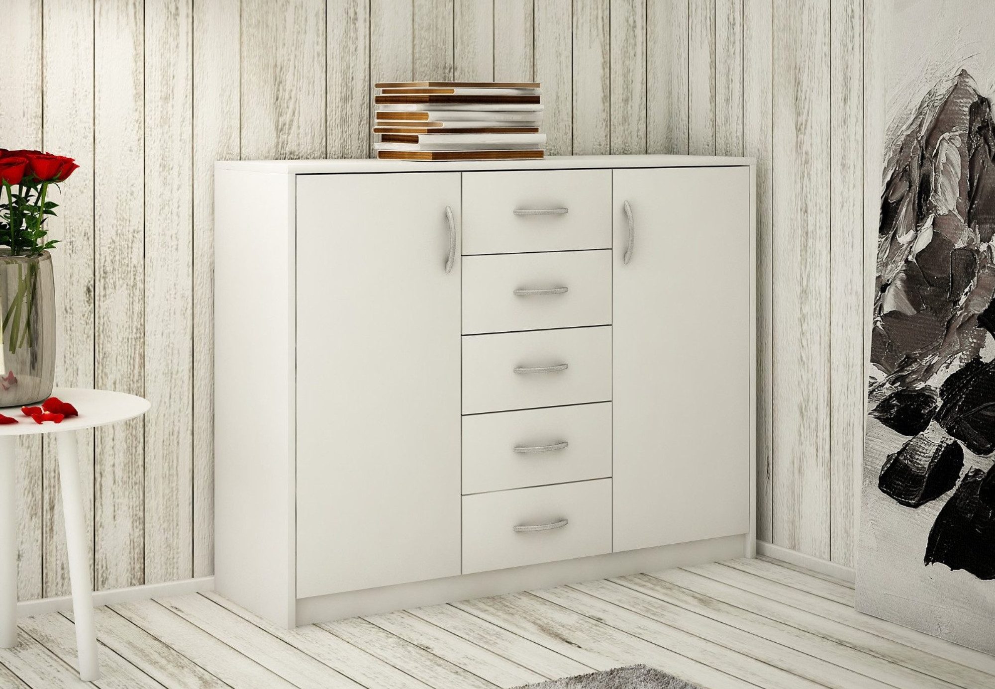 Home Collective Kommode mit 5 Schubladen und 2 Türen in matter Ausführung, Kommode 110cm breit (mit hochwertigen Polymergriffen, aus laminierter Platte gefertigt, Metallrollen mit Auszugsstopp), Holz Schrank Sideboard Highboard Kommode mit Schubladen Weiß