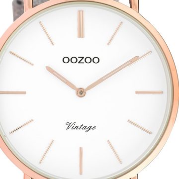 OOZOO Quarzuhr Oozoo Damen Armbanduhr grau Analog, (Analoguhr), Damenuhr rund, groß (ca. 40mm) Lederarmband, Fashion-Style