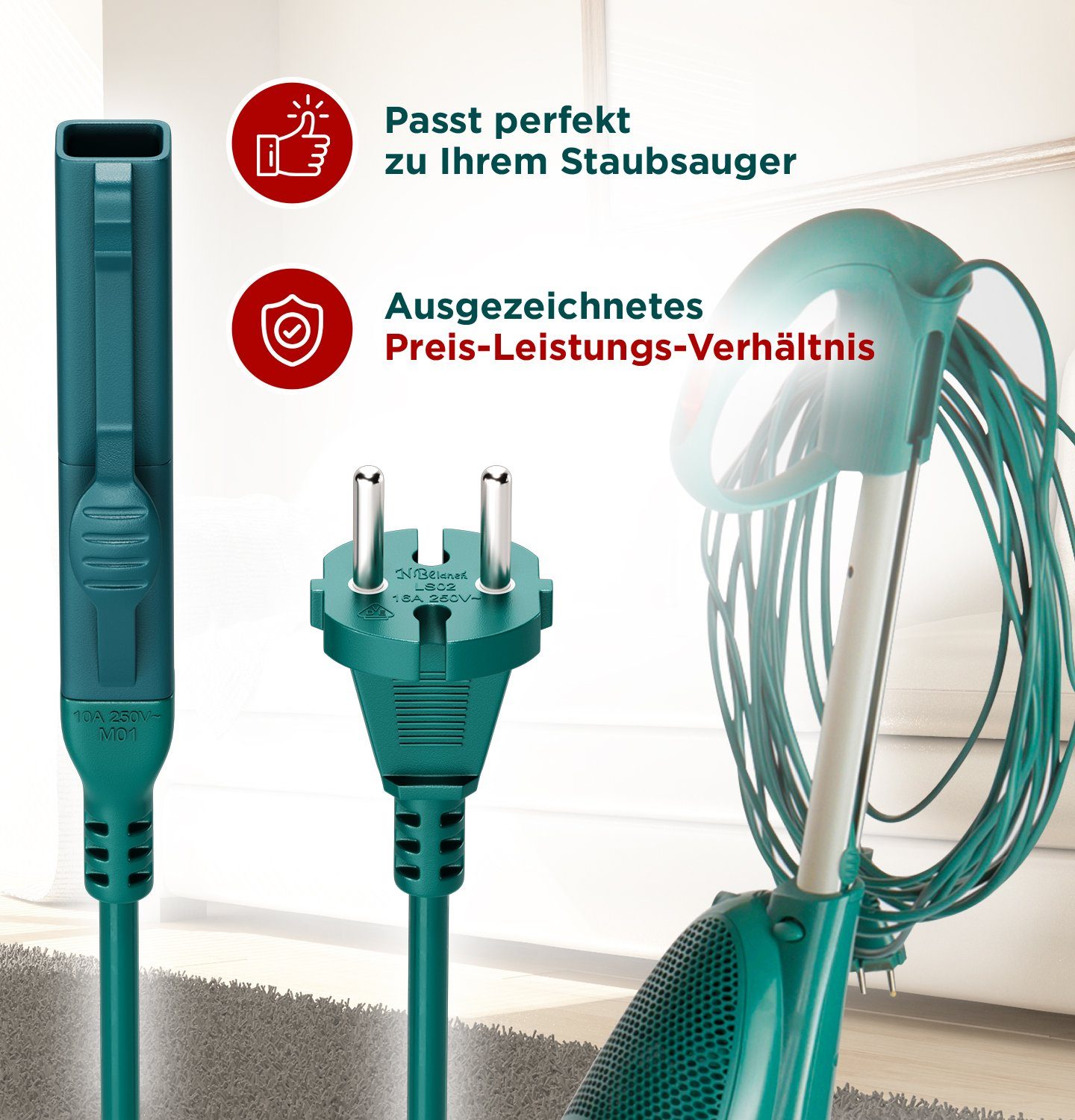 VIOKS Elektrokabel Ersatz / Vorwerk VK140 VK141 VK150 für 10m Handstaubsauger / Kobold Netzkabel, für