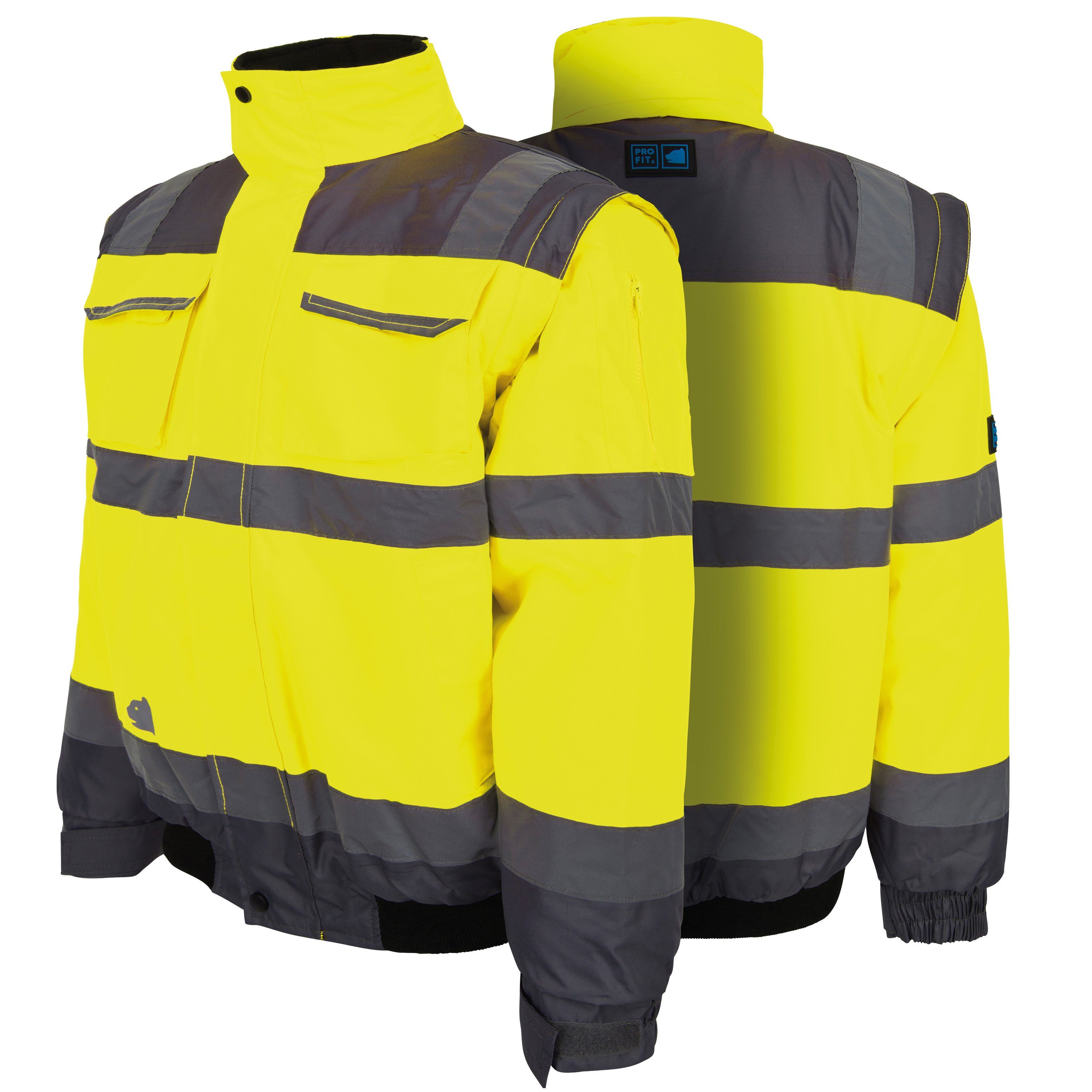 PRO FIT by Fitzner Arbeitsjacke Warnschutz Pilotenjacke Neongelb/Grau (1-St) Winddicht, Wasserdicht, Reflektionsstreifen, Kapuze im Kragen