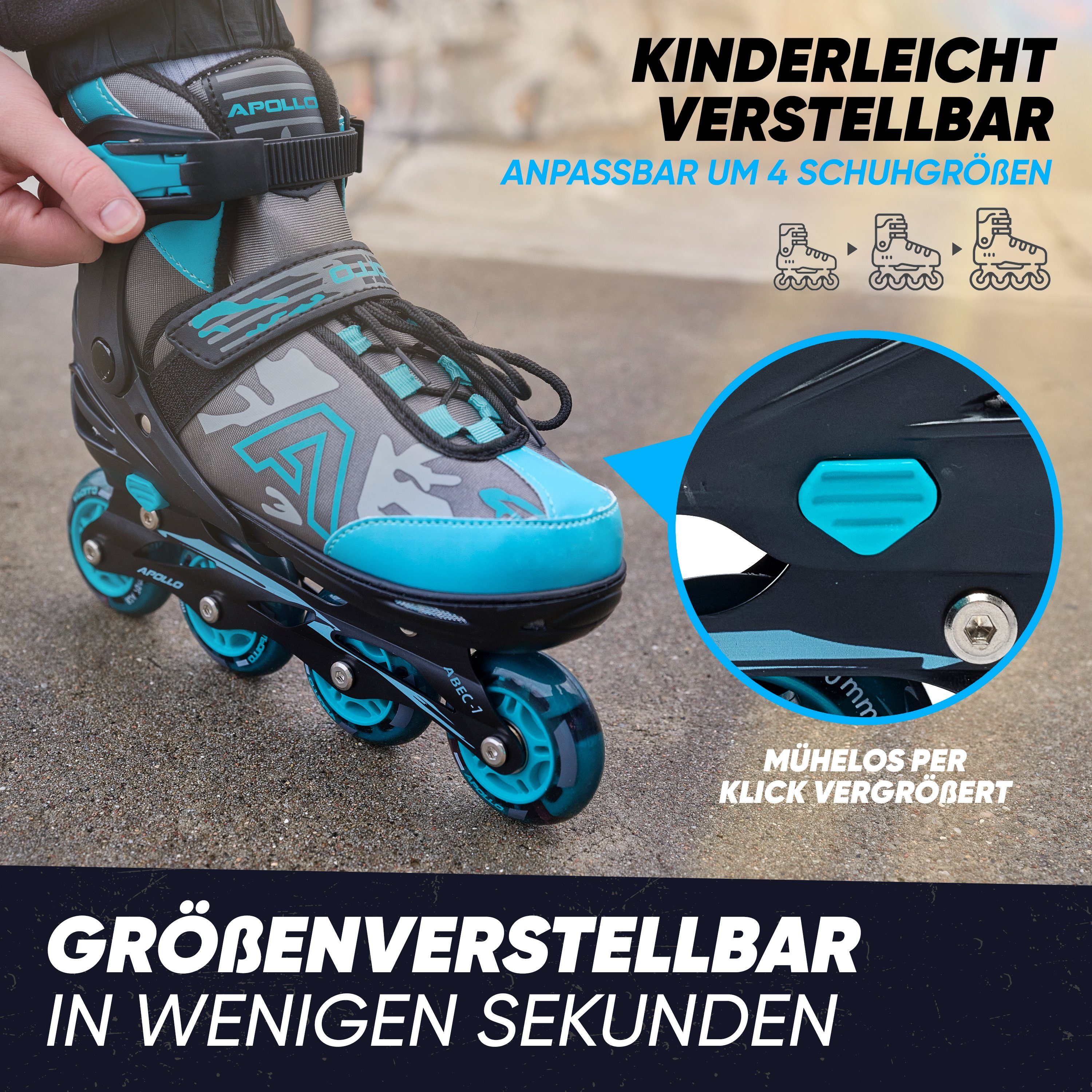 Apollo Inlineskates Champion Verstellbare Inlineskates für Kinder und Erwachsene, Größe 31-42, mit LED Rollen