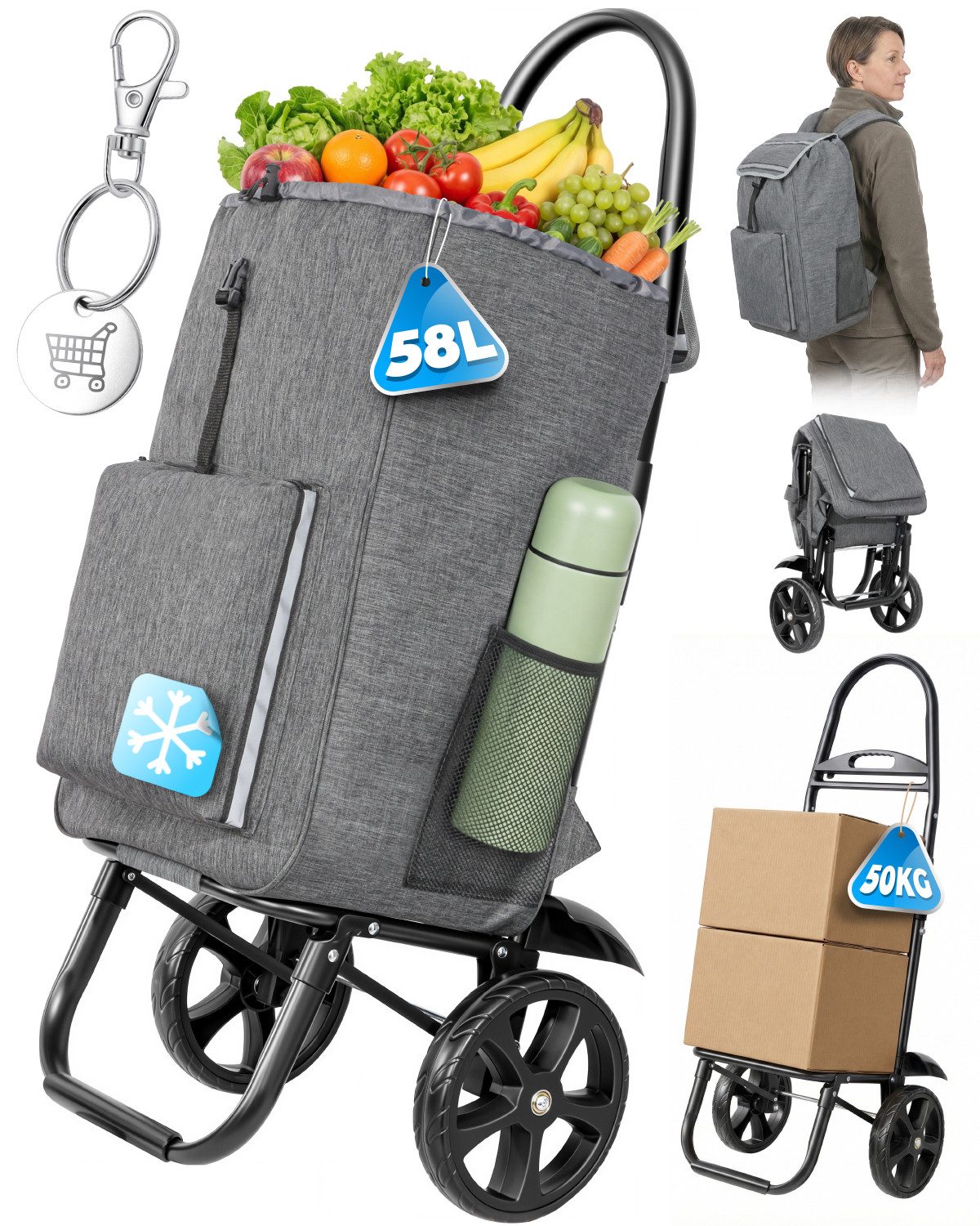 HOMECALL Einkaufstrolley klappbar Einkaufswagen 4-in-1 Utility Trolley Mit Kühltasche-58L, Einkaufswagen, Rucksack & Tragetasche in einem
