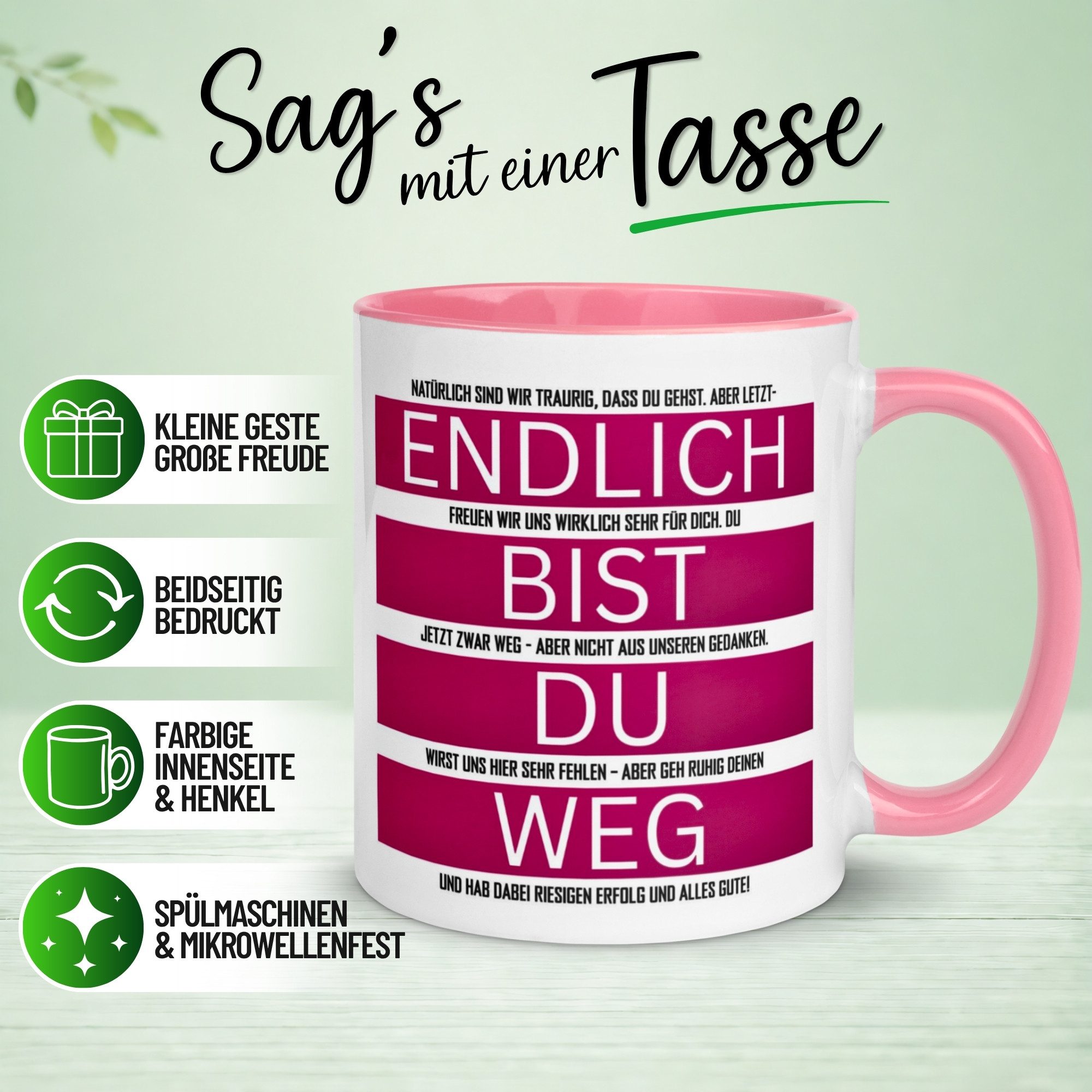 Momentals Tasse Abschied – „Endlich bist du weg“ – Abschiedsgeschenk für Kollegin, Gratis Versand · Links-&Rechtshänder · Spülmaschinenfest