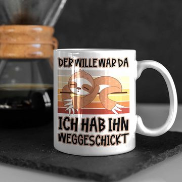 Trendation Tasse Trendation - Der Wille War Da Lustige Tasse für's Büro Arbeit Kollegin Männer Frauen Kaffeetasse Faultier Kinder Sprüche