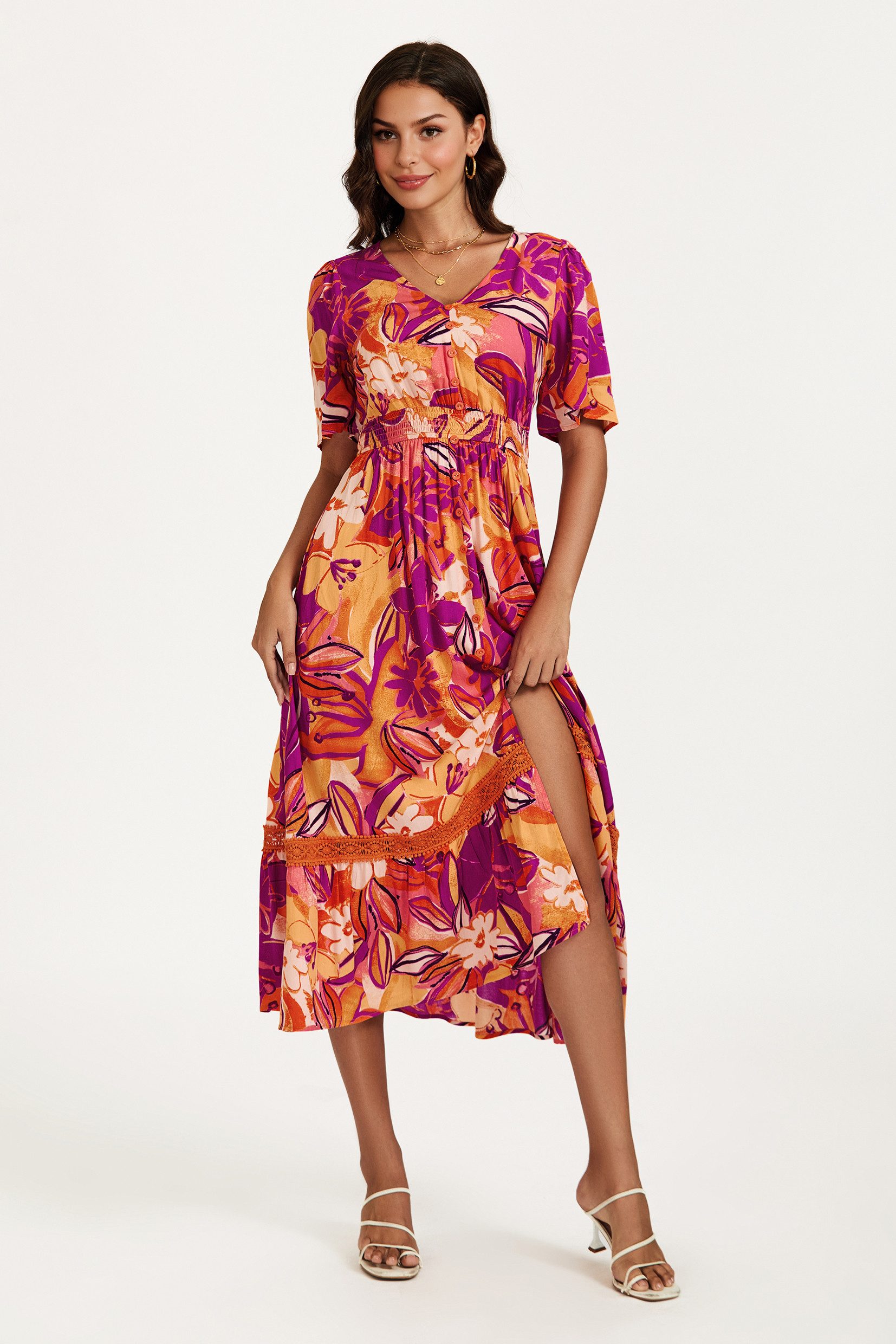 FS Collection Sommerkleid Damen Sommerkleid Midikleid Blumenkleid V-Ausschnitt Halbarm (Größen: XS (EU:36 / UK:8) · S (EU:38 / UK:10) · M (EU:40 / UK:12) · L (EU:42 / UK:14) · XL (EU:44 / UK:16) Elastische Taille, Spitzendetails, floraler Saum, Blumenmuster