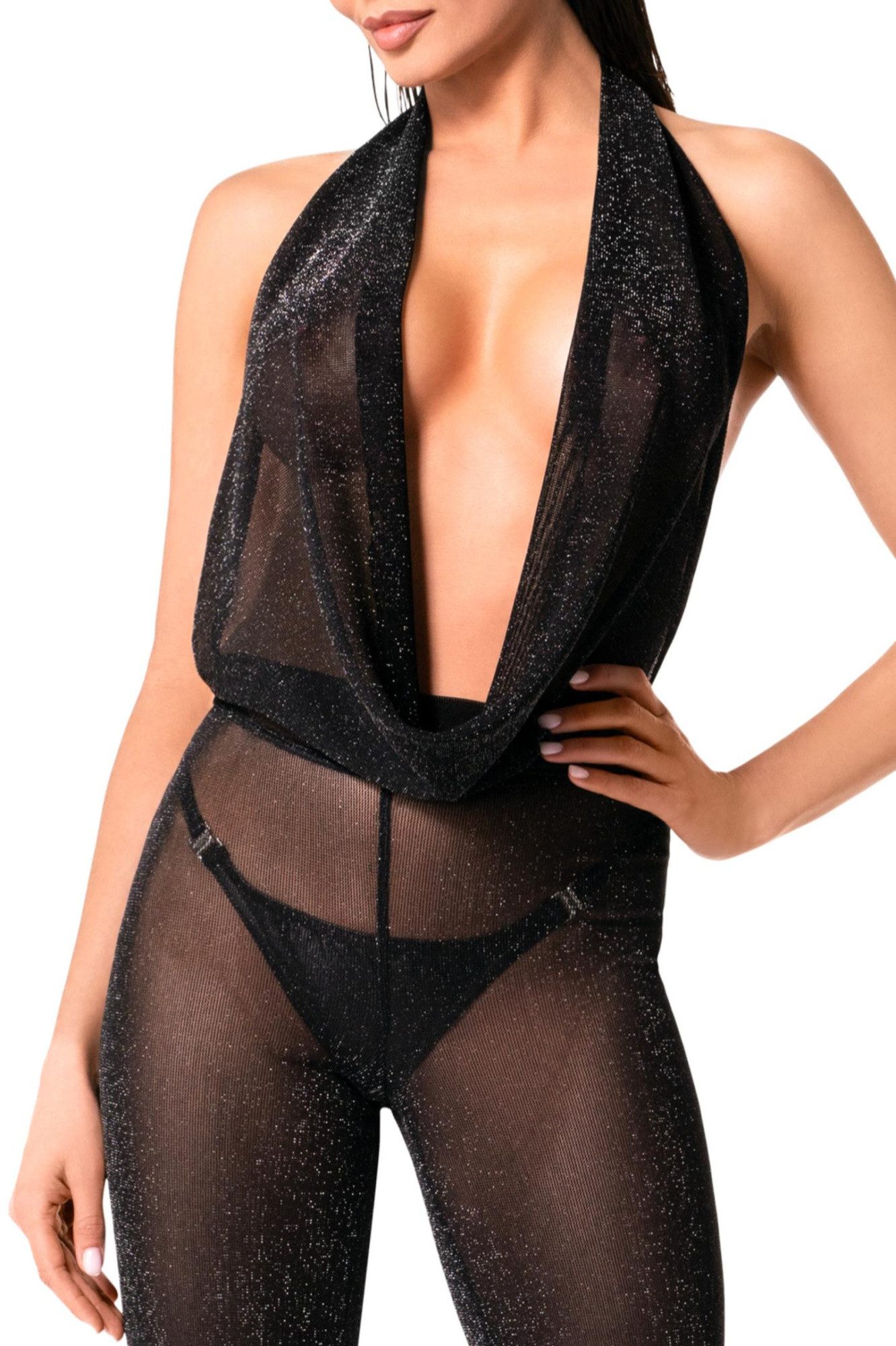 Noir Handmade Overall Transparenter Damen Dessous Bodystocking mit Wasserfallausschnitt aus