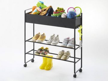 Yamazaki Beistelltisch "Tower" Aufbewahrungsregal mit Korb 75x74x22cm, schmal, Rollregal, Rollwagen, Schuhregal, mit Rollen, schwarz