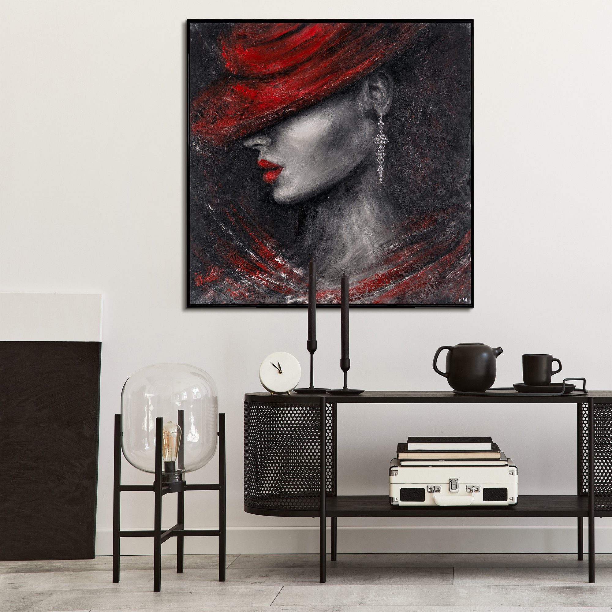 YS-Art Gemälde Stil, Menschen, Leinwand Lippen Frau Schwarz Rahmen in Bild Handgemalt Hübsche Mit Rote