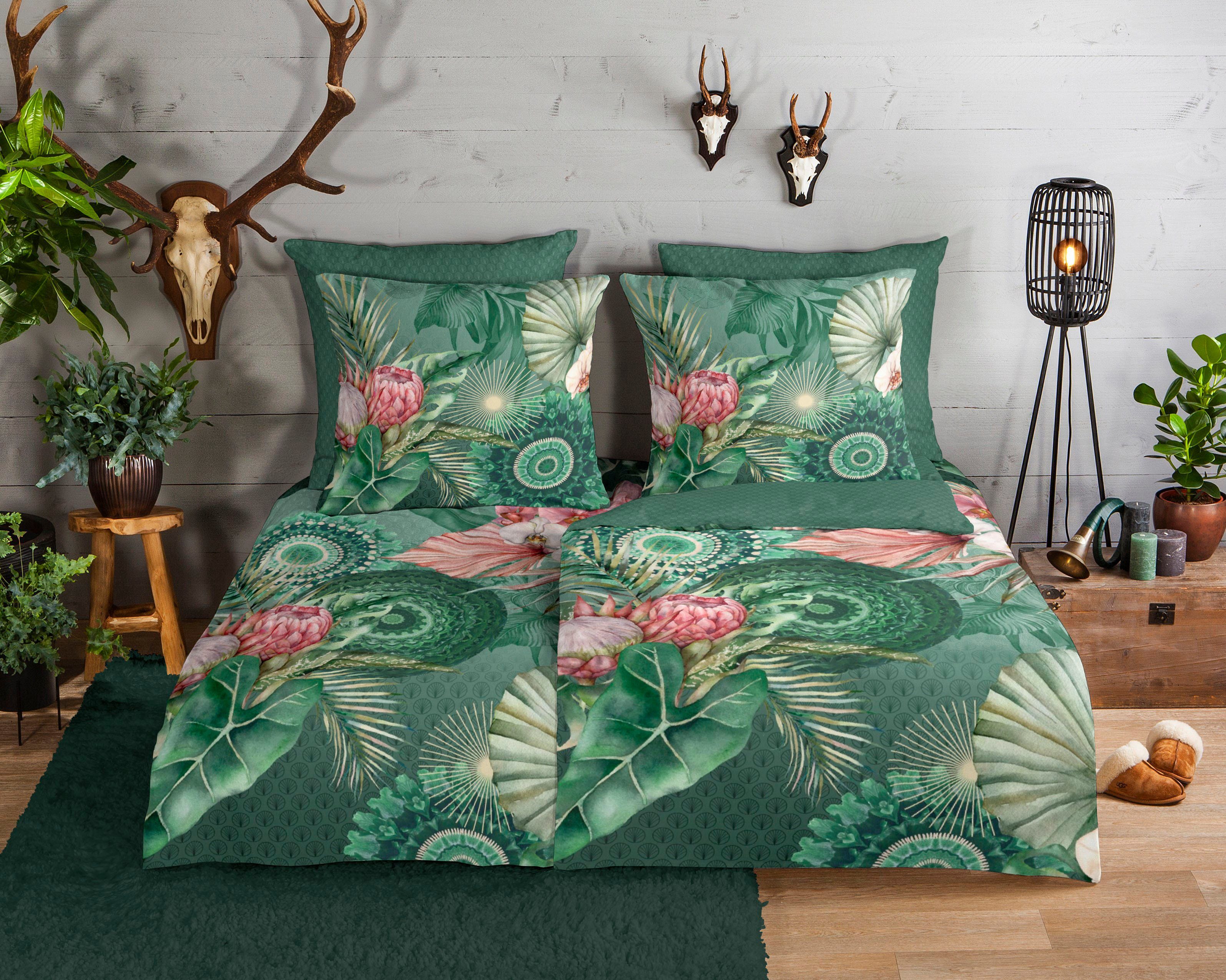 hip Wendebettwäsche Egor, Biber, Flanell, 2 teilig, Biber, 135x200, Warm, Weich, Wendeoptik, Reißverschluss, Blumen, Grün