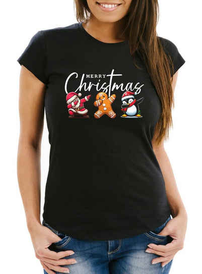 MoonWorks Print-Shirt Damen T-Shirt Weihnachten Merry Christmas Dabbing Pinguin Santa Claus mit Print