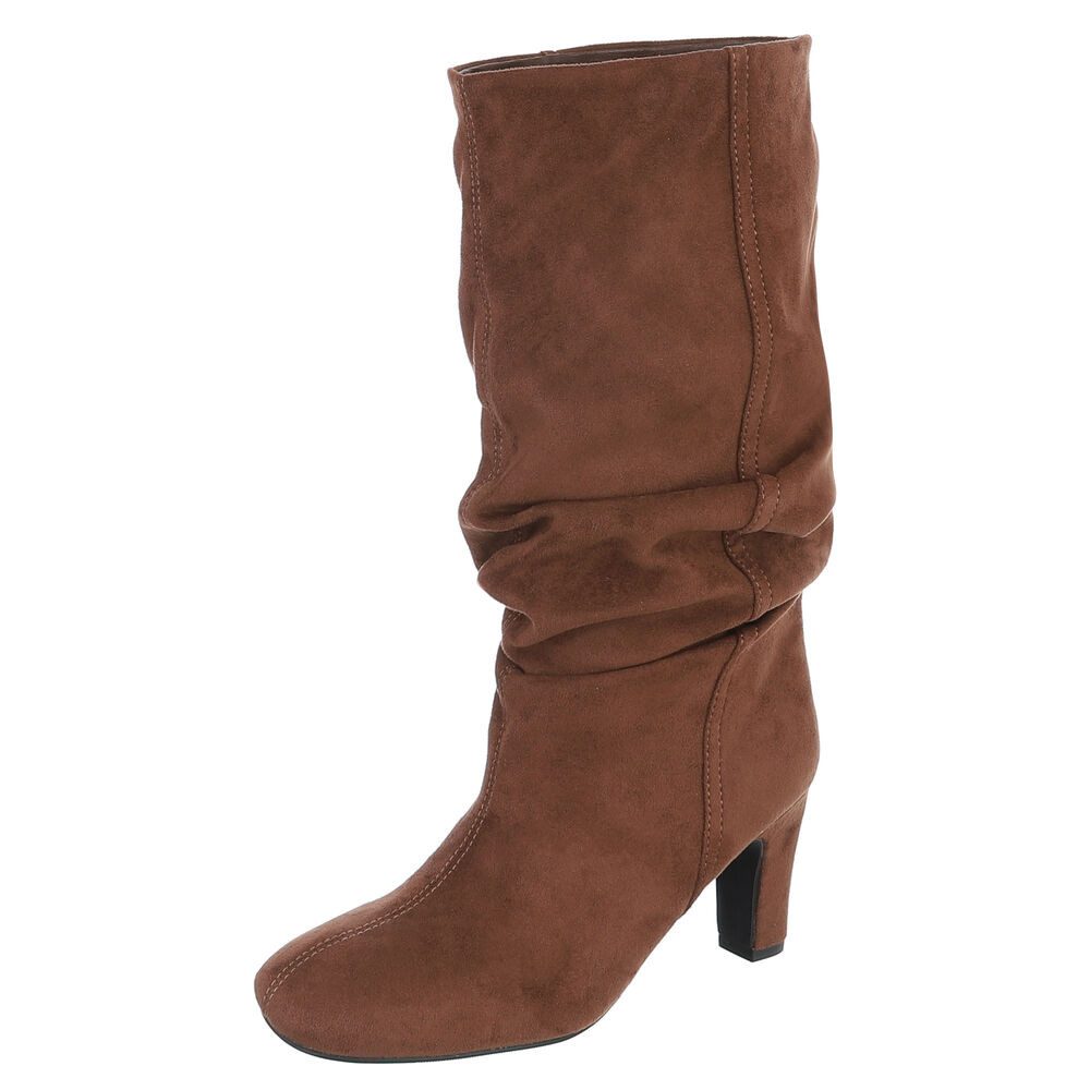 Ital-Design Damen Kniehohe Stiefel mit Blockabsatz und Raffung High-Heel-Stiefel (92422356) Blockabsatz Stiefel in Braun