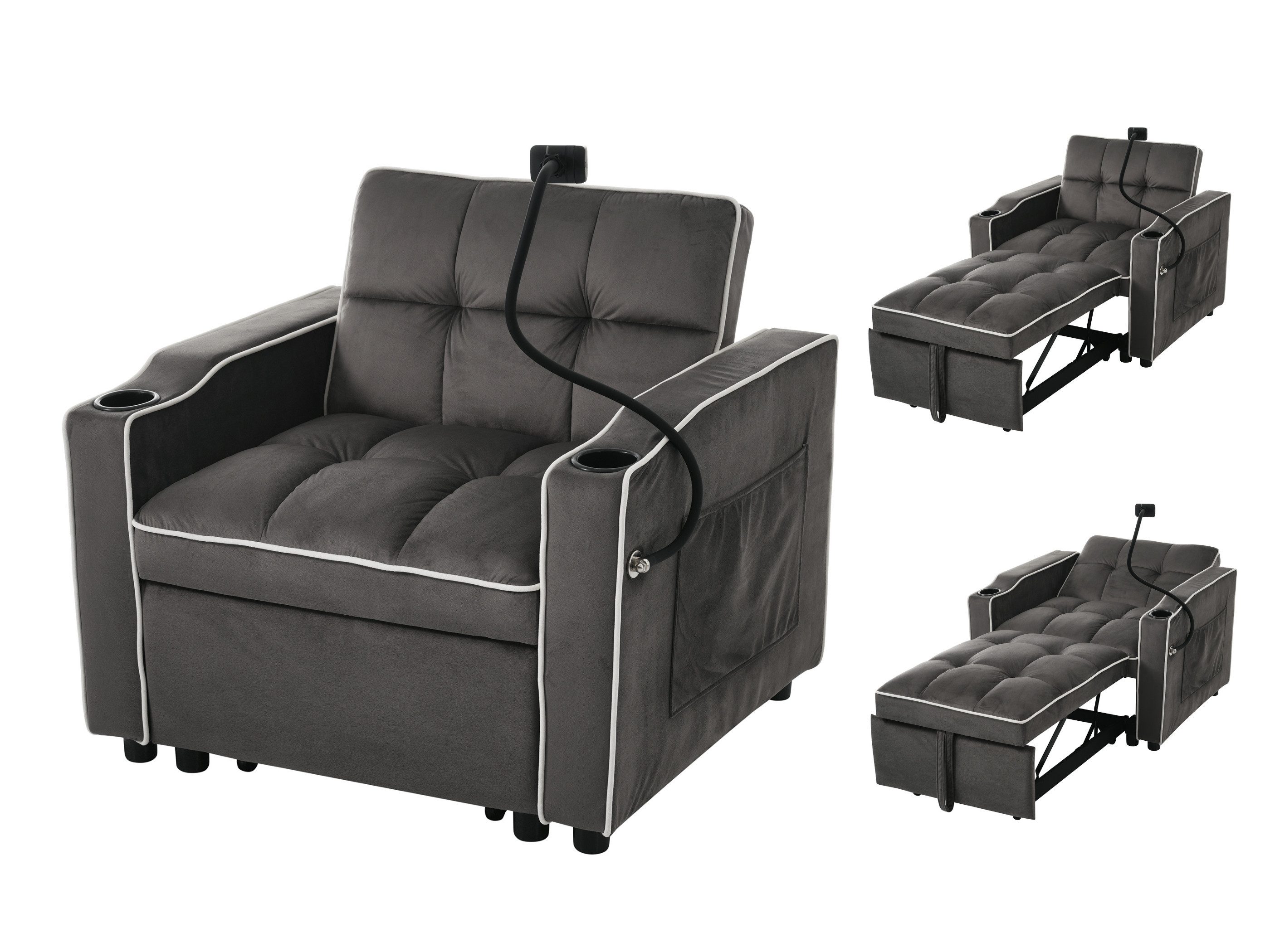 SeedWave Relaxsessel Vielseitig wandelbarer Кресла mit Dreistufig verstellbare Rückenlehne, Samt Loungesessel mit Becherhalter und Handyständer