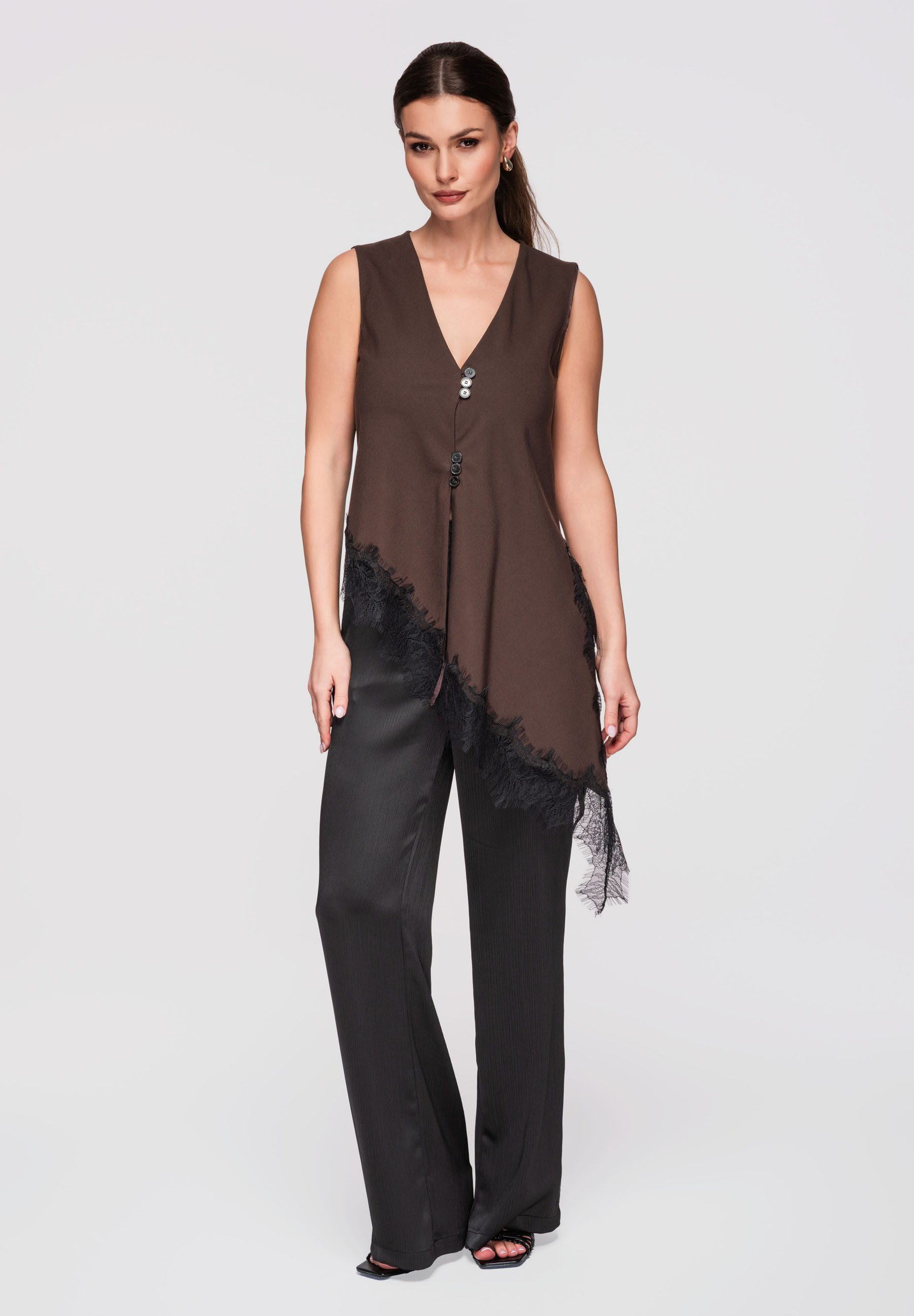 OMBRE Palazzohose Damen Stoffhose Weites Bein Elegant Schwarz L (kein Set, 1-tlg) Leichte, strukturierte Stoffhose mit Satin-Finish