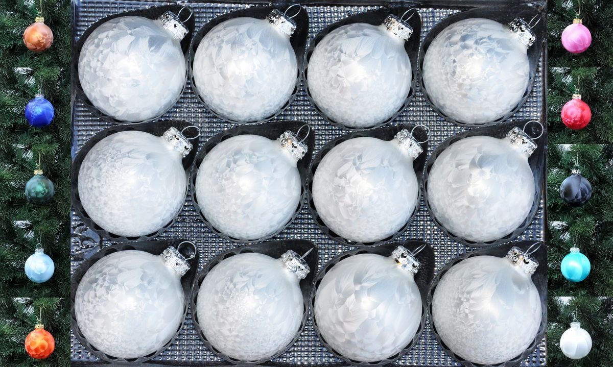Thüringer Glasdesign Christbaumschmuck JACK 12x Glas Eislack Christbaumkugeln 6cm Thüringer Weihnachtskugeln, echt Glas, teilweise Handarbeit, inkl. praktischer Aufbewahrungsbox