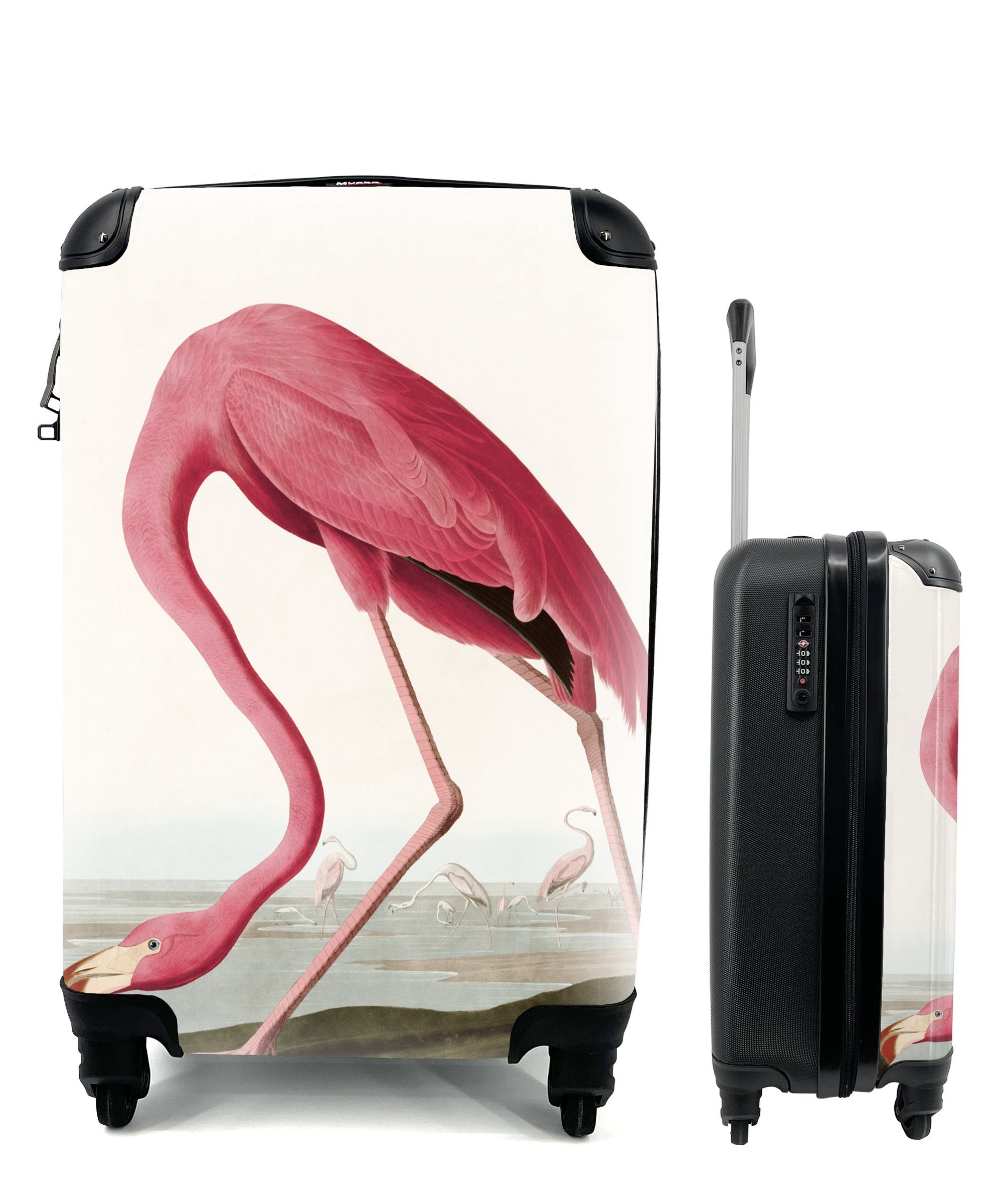 MuchoWow Handgepäckkoffer Flamingo - Vogel - Vintage - Wasser - Rosa, 4 Rollen, Reisetasche mit rollen, Handgepäck für Ferien, Trolley, Reisekoffer