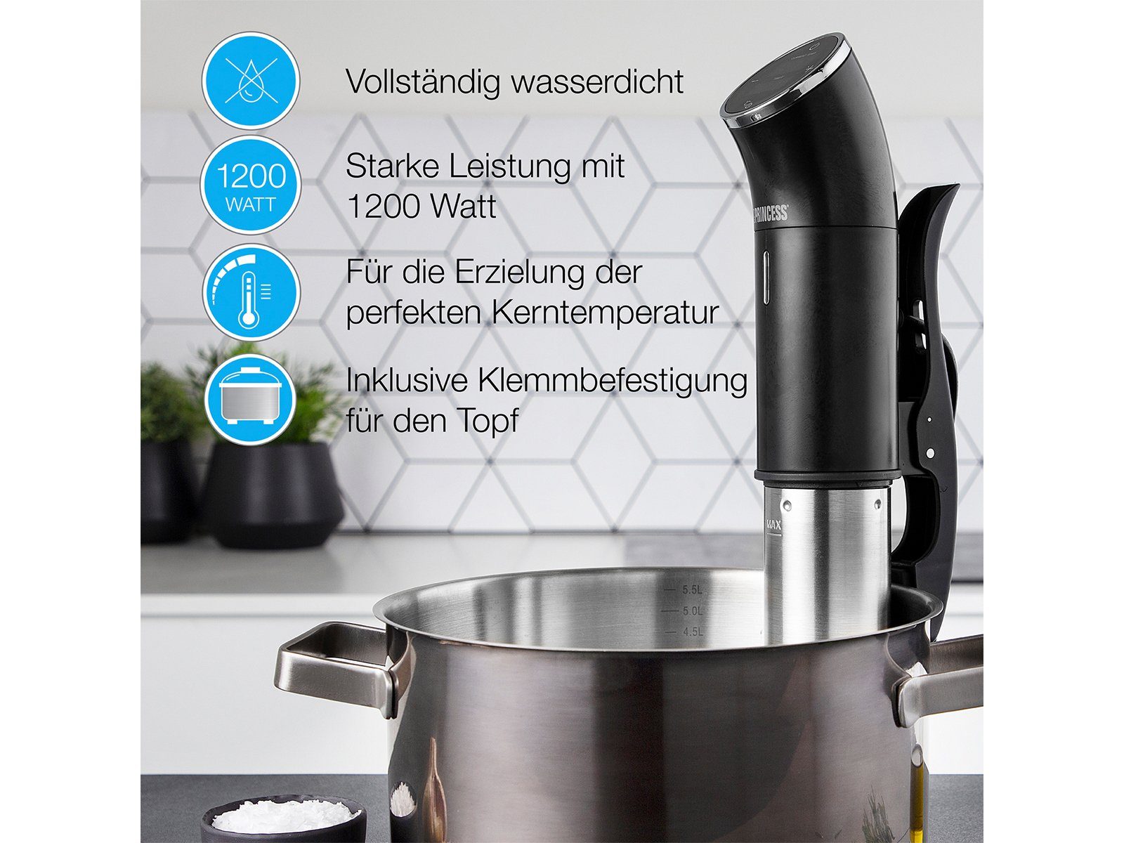 PRINCESS Sous-Vide Stick, Souvid Stab Schon-Garer LED Touch Display Thermostat Präzisionskocher
