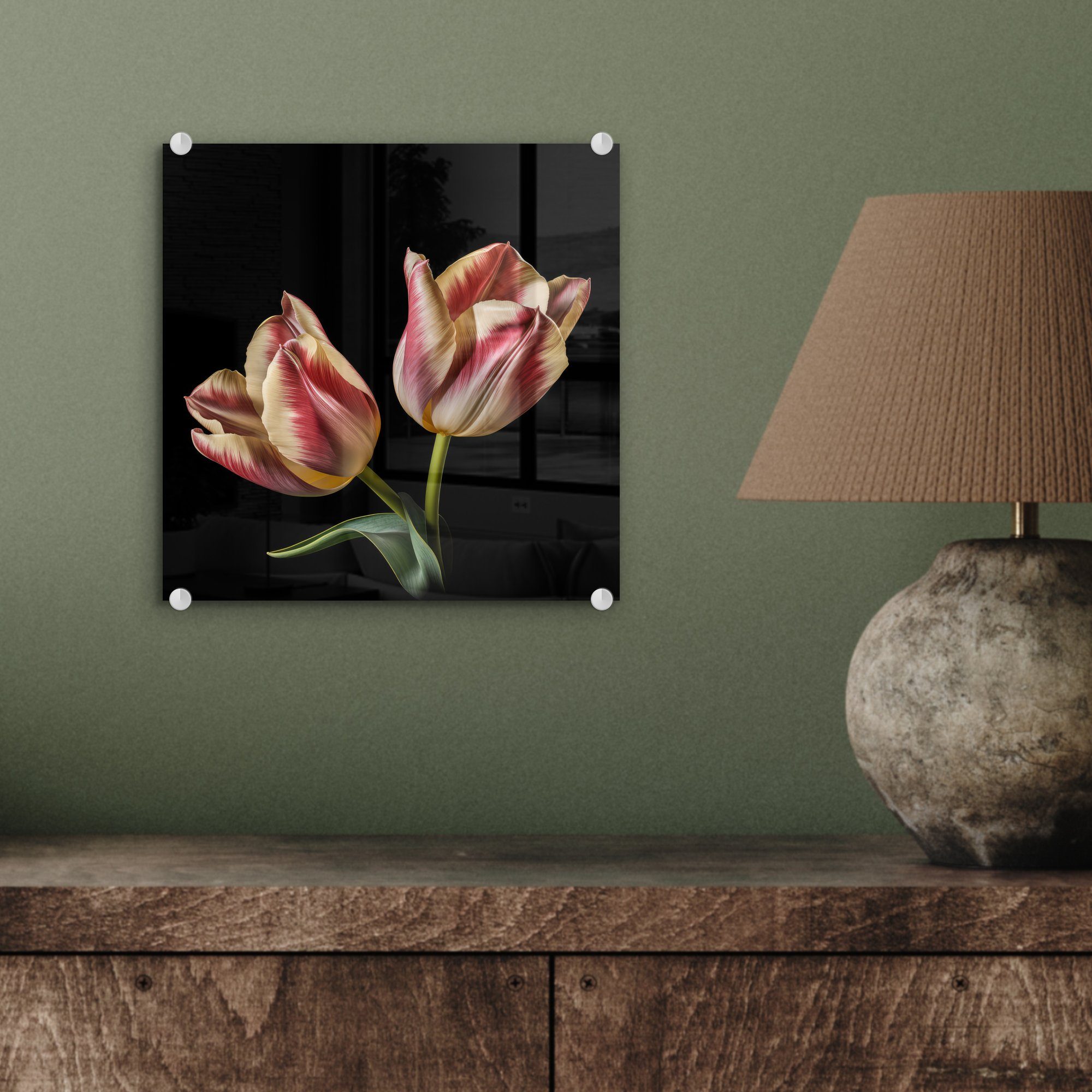 Tulpen - Acrylglasbild Blumen - - Wanddekoration - (1 St), Natur, Glasbilder Glas auf auf - Bilder Rosa - Weiß - Foto MuchoWow Wandbild Glas