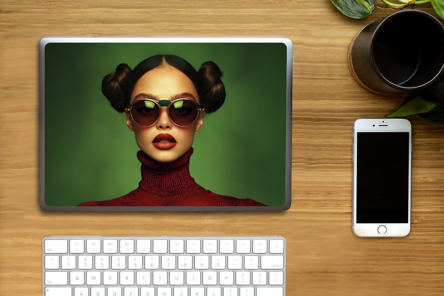 Thumbnail - MuchoWow Laptop-Aufkleber Frau - Grün - Brille - Ästhetisch - Modern, (1tlg), Laptop Folien Cover, Aufkleber, Sticker, S...