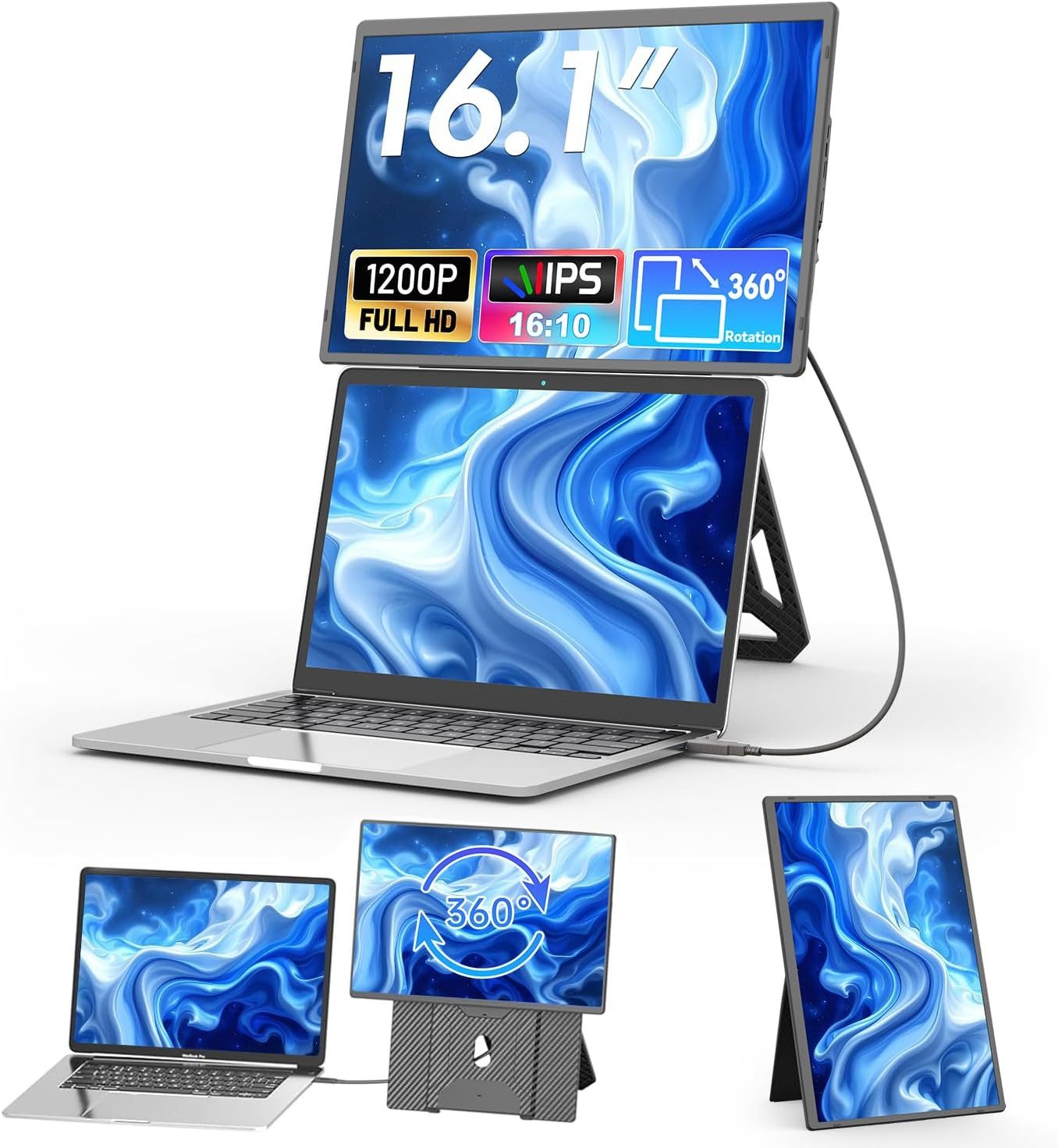 KEFEYA 16" FHD Laptop Bildschirm Erweiterung USB-C Laptop-Bildschirm-Extender Portabler Monitor (36 cm/16 ", 1920 × 1200 px, Full HD, 60 Hz, HDR, usb c Dual Display, Plug-and-Play, 1,27kg, für 13-17,3'' Laptop)