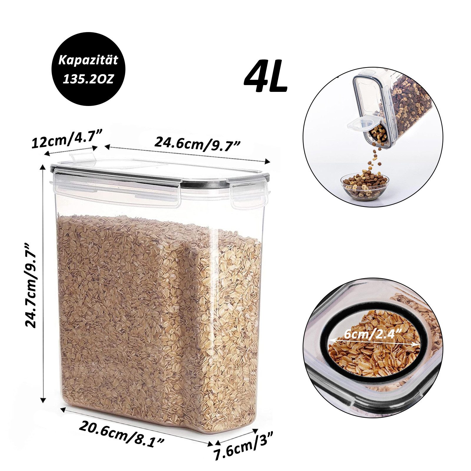 CALIYO Frischhaltedose 4L Behälter Küche mit Deckel für Trockenlebensmittel, Polypropylen (PP), (4-tlg., BPA frei Kunststoff Vorratsdosen luftdicht), 4-tlg., Satz mit 4 + 24 Etiketten für Getreide, Mehl, Zucker