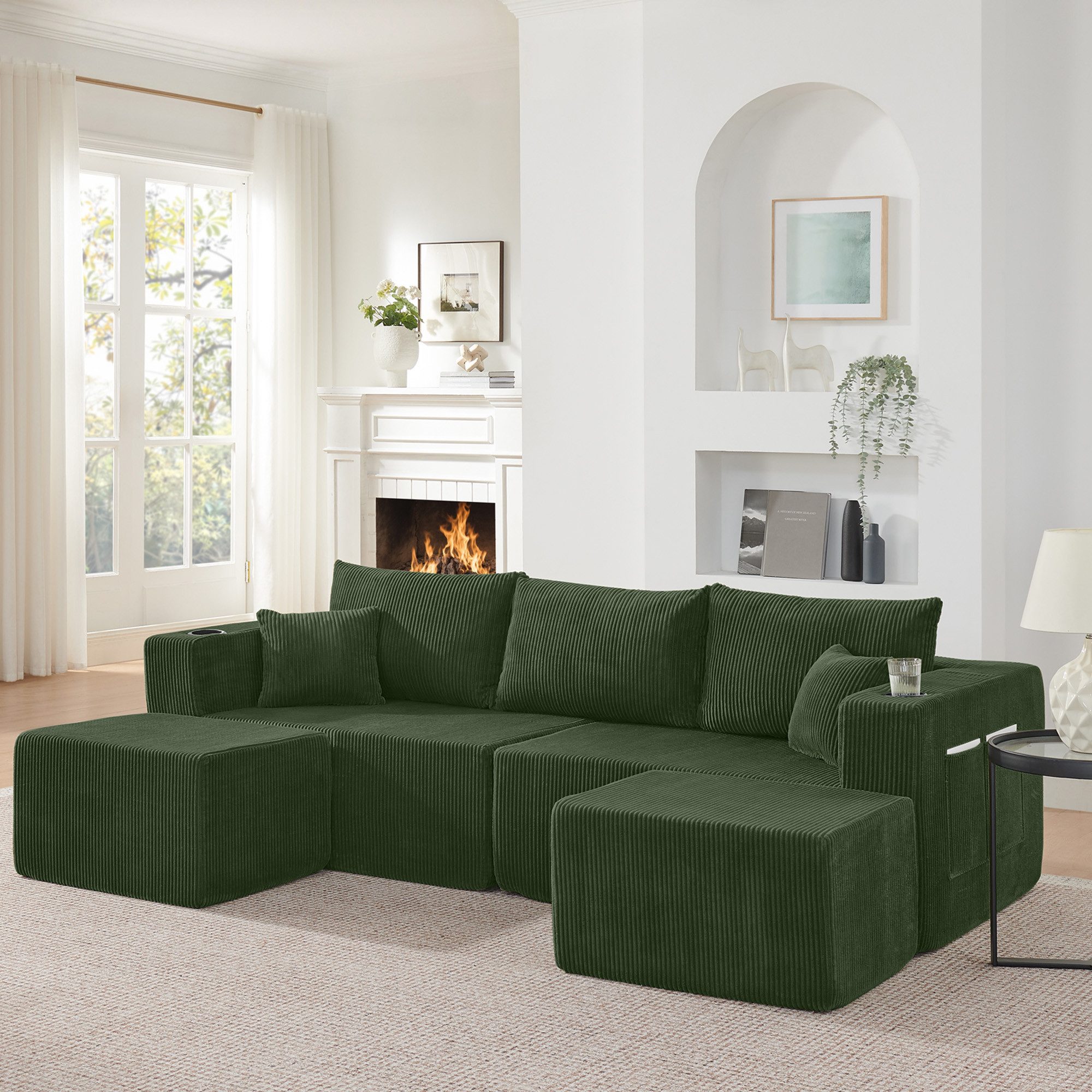 MODFU Ecksofa L-Form mit beweglichen Ottomanen, Getränkehalter, Inkl. Seitentasche & Kissen, ideal für Wohnungen & Hotels 1 Teile, Modulares Ecksofa, 3-Sitzer, Grün Cordstoff