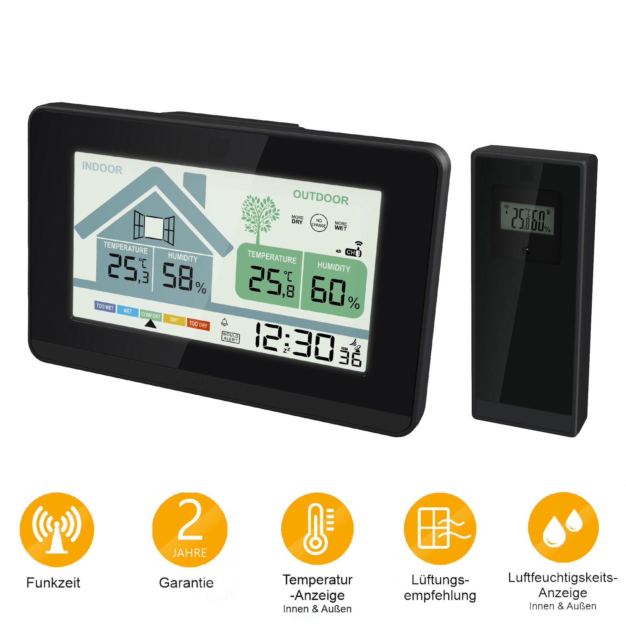 Miraval Klimamesser Funk-Wetterstation mit Lüftungsempfehlung, Datumsanzeige Farbdisplay