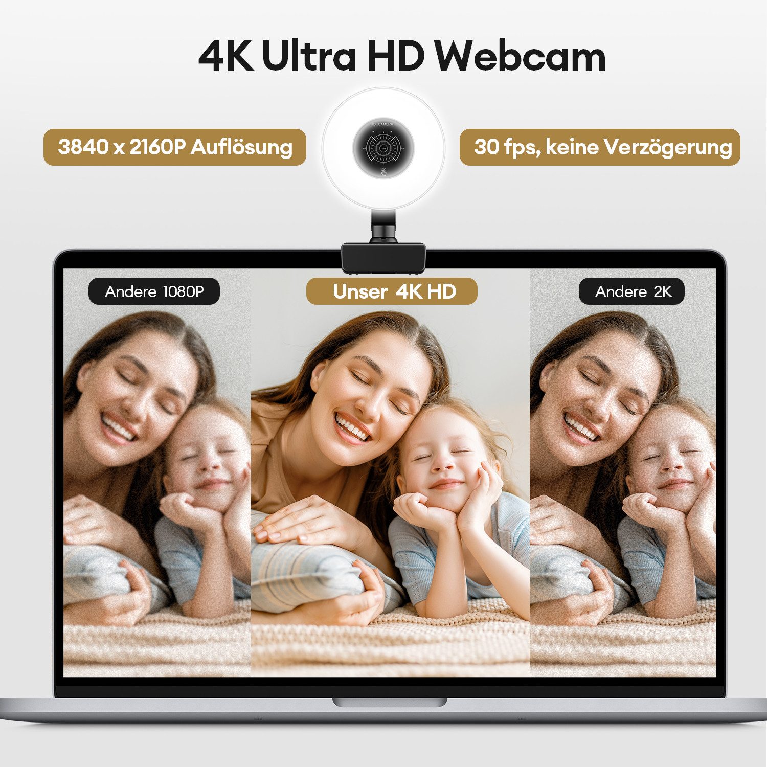 CkeyiN 4K Webcam mit Ringlicht PC Kamera Streaming Kamera 1080P 30FPS Full HD-Webcam (4K Ultra HD, 9x opt. Zoom, Autofokus 3 Lichtsmodi stufenlose Einstellung mit Mikrofon Stativ)