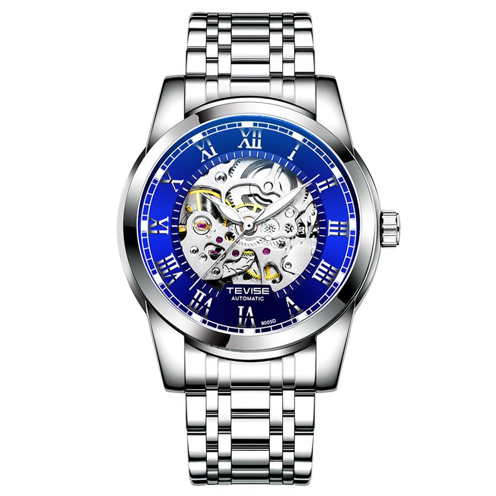 GelldG Uhr Uhr Automatik, mechanische Armbanduhr, Wasser- und Kratzfest, Herren Blau, Silber