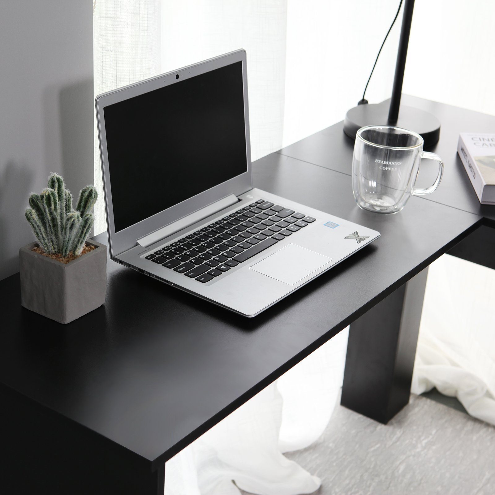 L-Computertisch, 2 Schwarz Schreibtisch Schwarz mit | Schwarz Mondeer L-Förmig Schwarz Eckschreibtisch abgerundeten Ablagen, |