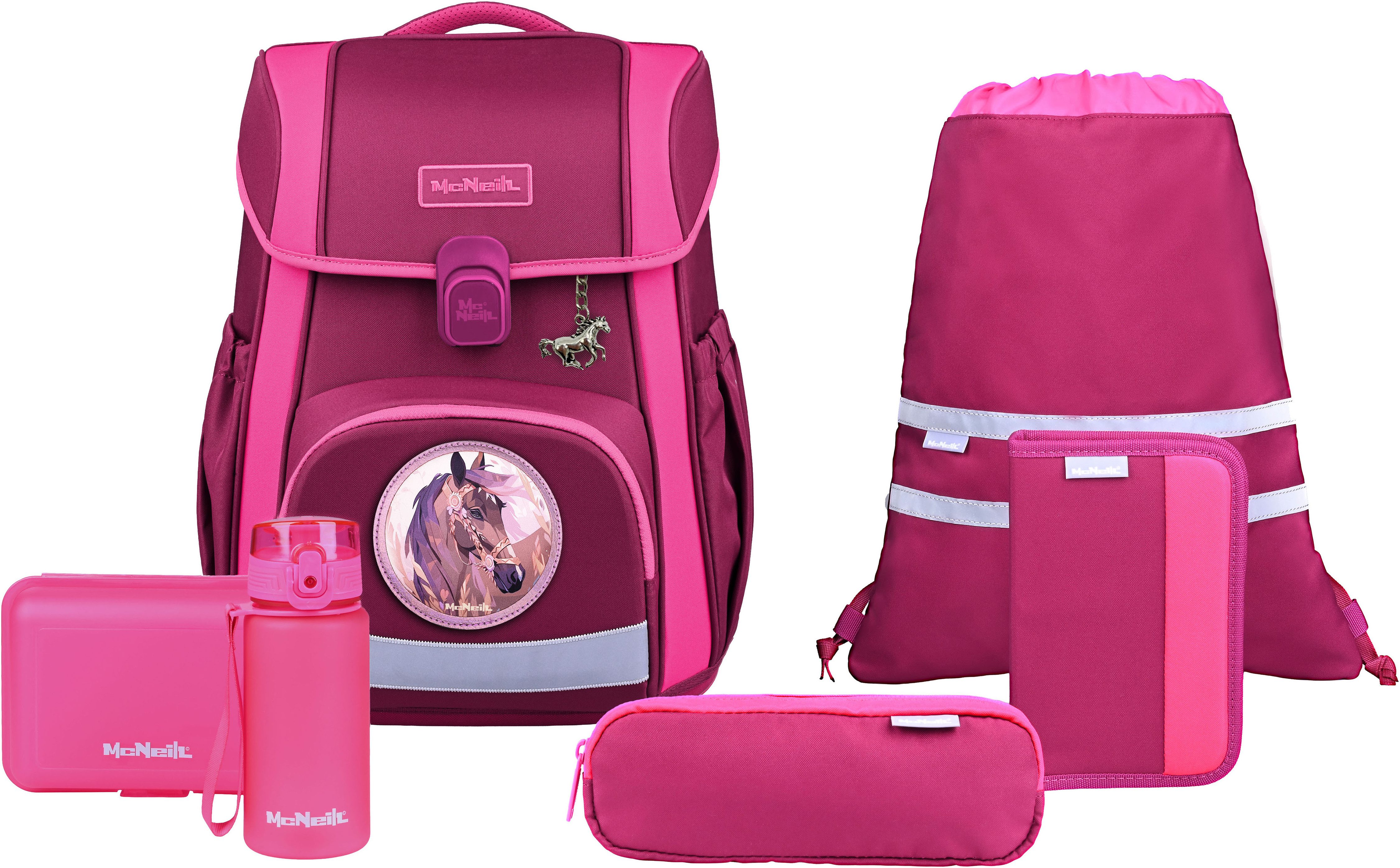 McNeill Schulranzen Bravo, inkl. Etui, Turnbeutel, (Set, 9-tlg., Schlamperrolle, Trinkflasche, Lunchbox, 2 Magnete & 1 Anhänger)