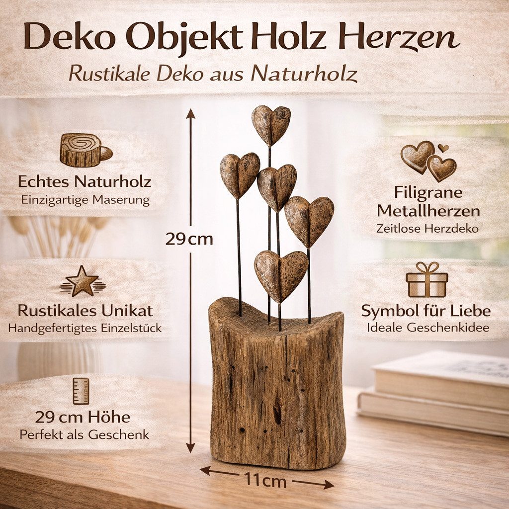 formano Skulptur Deko Objekt Holz Herzen Standdeko 29 cm Naturholz mit 5 Metallherzen