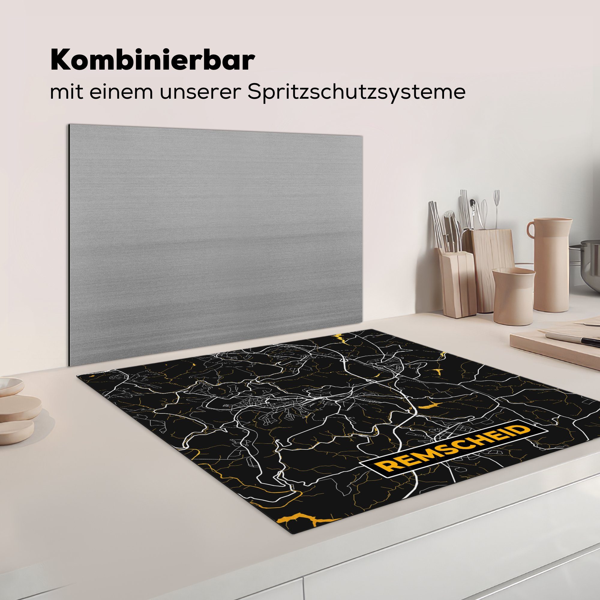 MuchoWow Herdblende-/Abdeckplatte Remscheid - Arbeitsplatte - Stadtplan Karte cm, - Deutschland Gold, für 78x78 küche (1 tlg), - Ceranfeldabdeckung, Vinyl