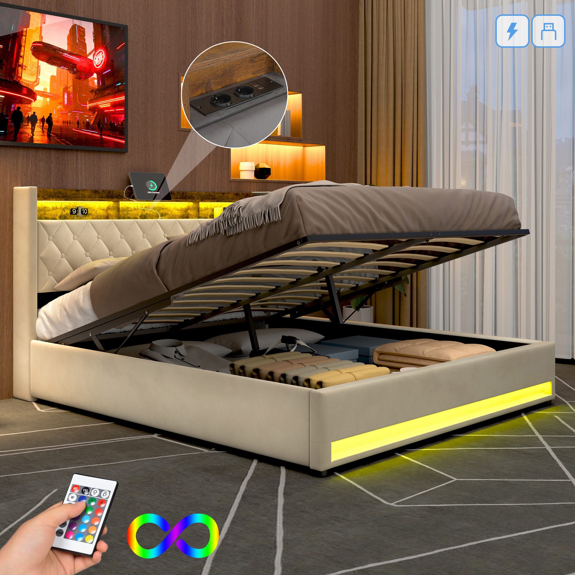 STILVORA Polsterbett 180×200 mit matratze und bettkasten,Stauraumbett Boxspringbett mit USB (Funktionbett mit Hydraulikstange,Tragfähigkeit: 200kg, Strapazierfähig und schmutzabweisend,verschiedenen Farben,Metallrahmen), Bettgestell mit Lattenrost,Bequemer Samtstoff,ohne matratze