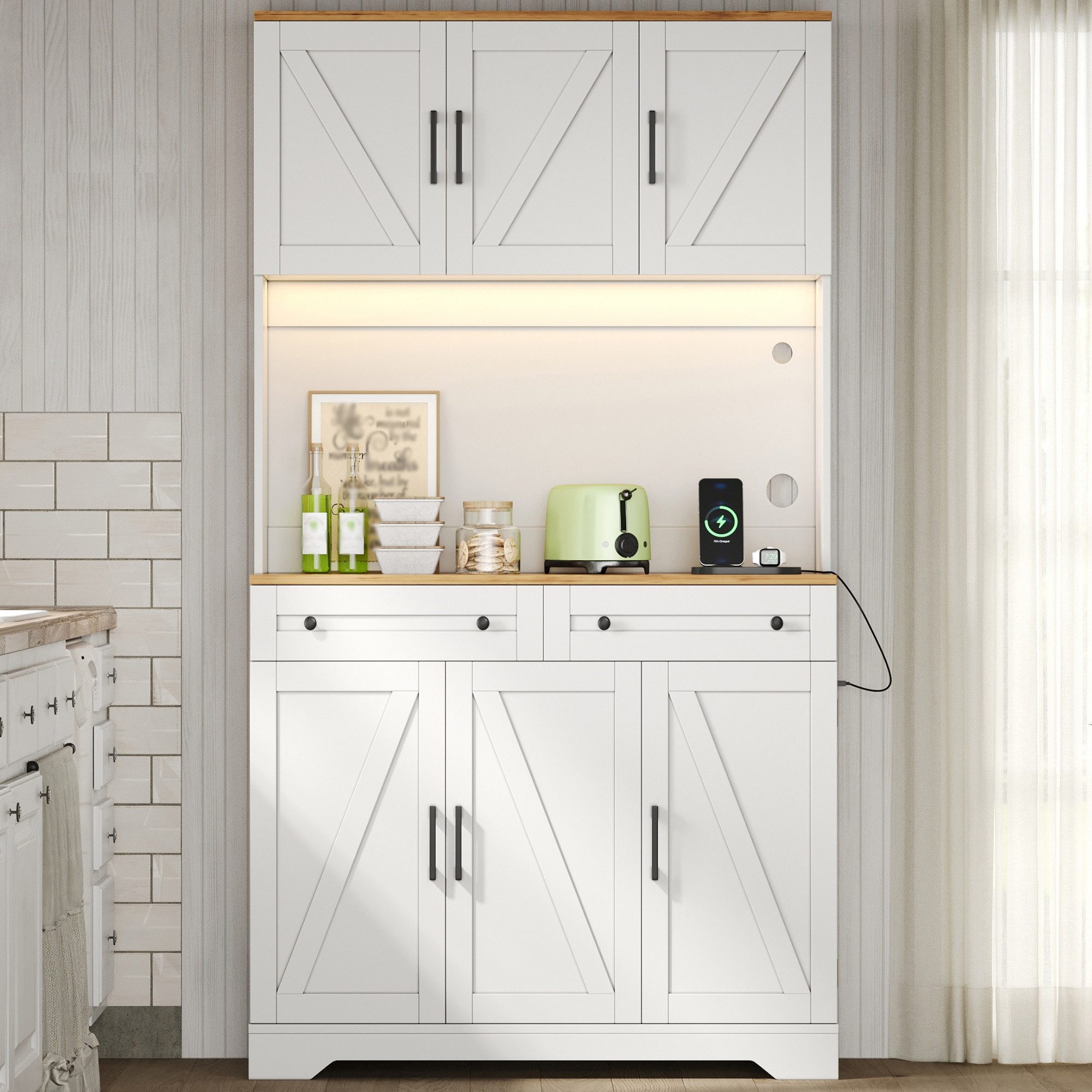 Flieks Küchenbuffet Hochschrank mit LED-Beleuchtung, Steckdosen, versteckter Schubladen (1-St., B100xT40xH180 cm) Küchenschrank mit Arbeitsplatte Holzoptik, ver – Bild 4 von 5