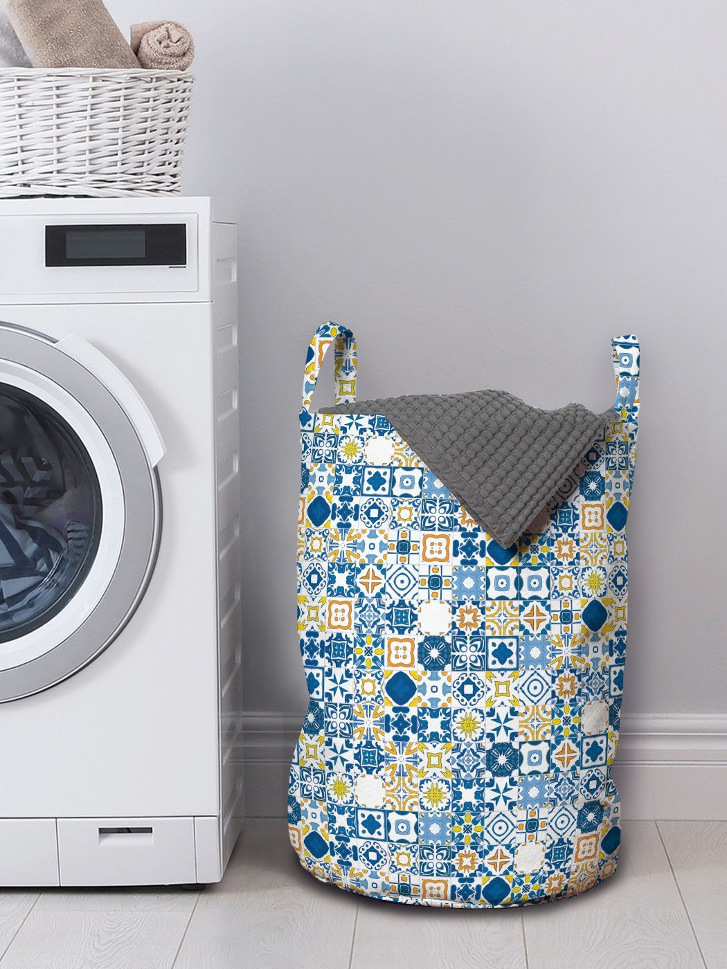 Abakuhaus Wäschesäckchen Wäschekorb mit Griffen Azulejo Gelb und für Waschsalons, Mosaik Kordelzugverschluss Blau