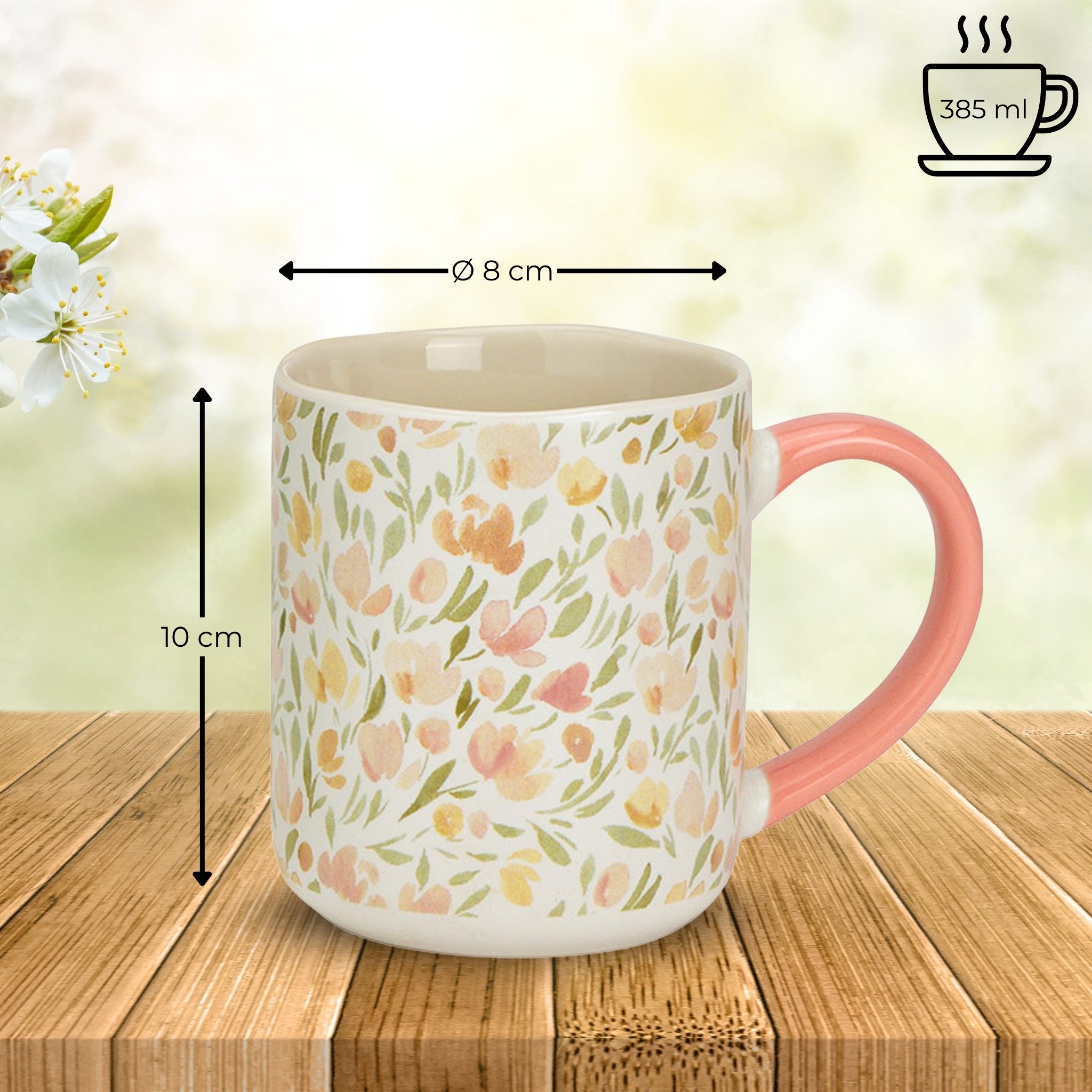 matches21 HOME & HOBBY Tasse Kaffeetassen mit Blumen Dekor, 6er Set Designertassen, 6-tlg., Porzellan, Moderne Pastell Frühstückstasse 385 ml