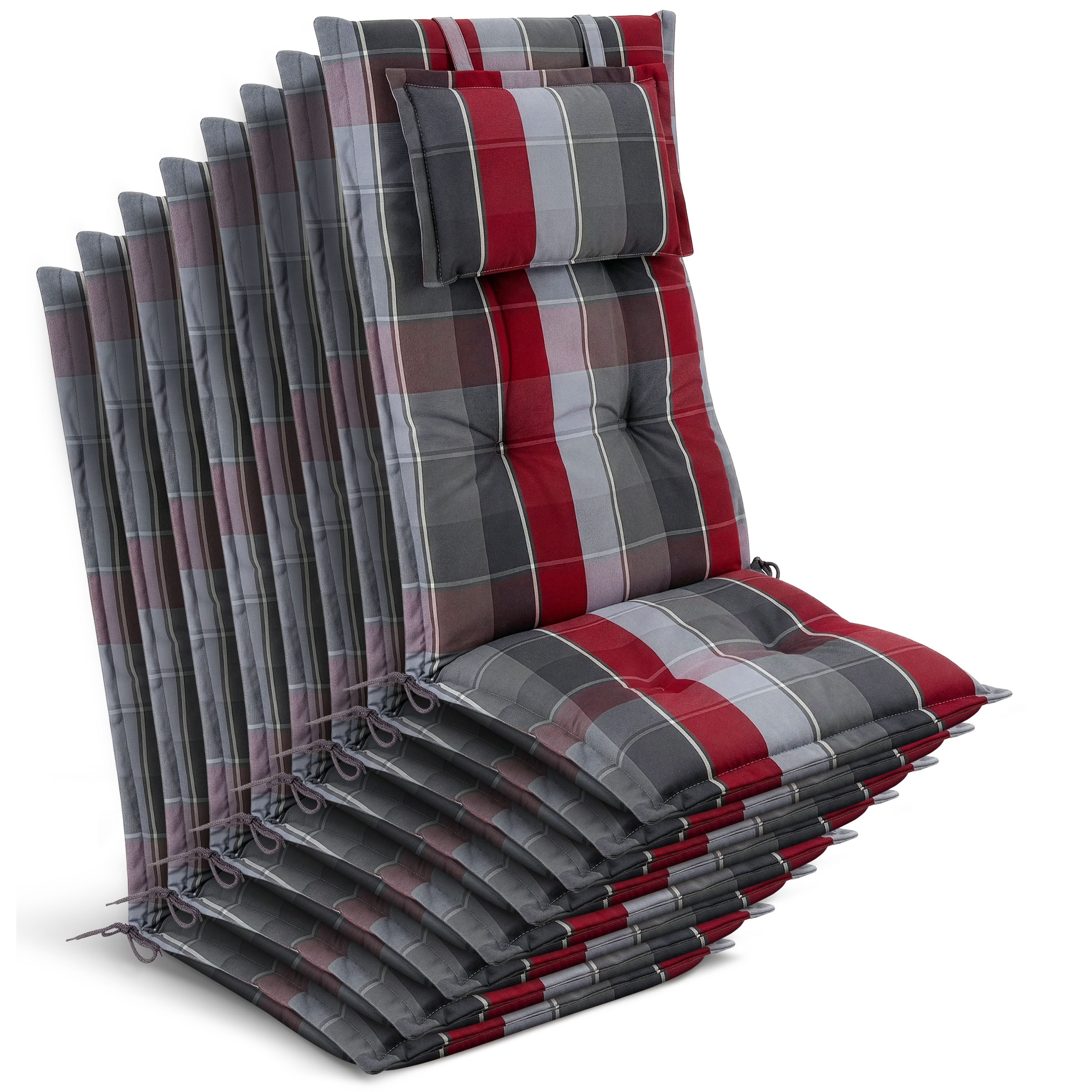 Beautissu Hochlehnerauflage 8x Premium Hochlehnerauflage 120x50x7cm, Grau-Rot-Hellblau-Kariert, Gartenstuhlauflage Hochlehner - Robuster Stoff & UV-Lichtechtheit