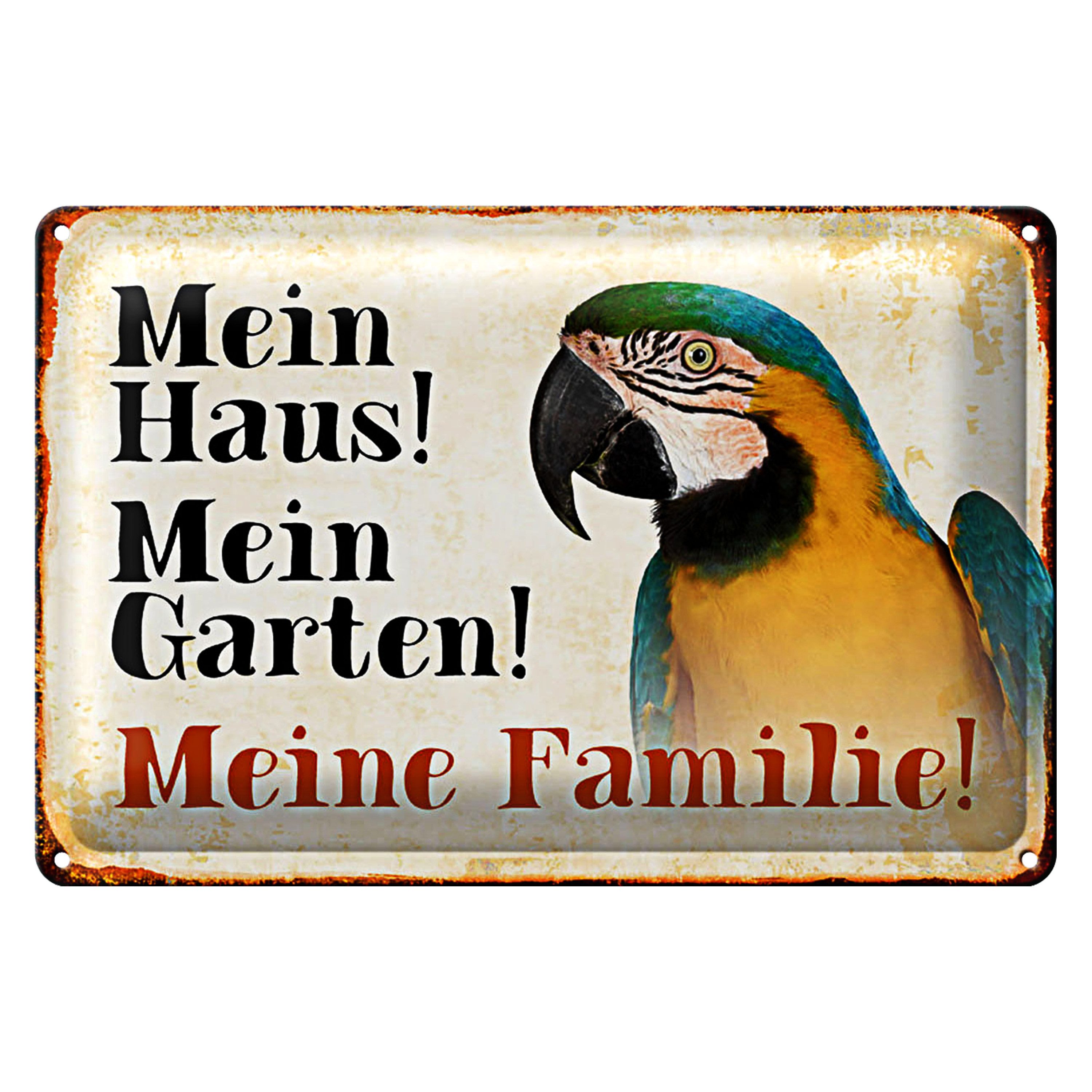 Roomando Metallschild Blechschild Papagei 30x20cm mein Haus mein Garten Familie
