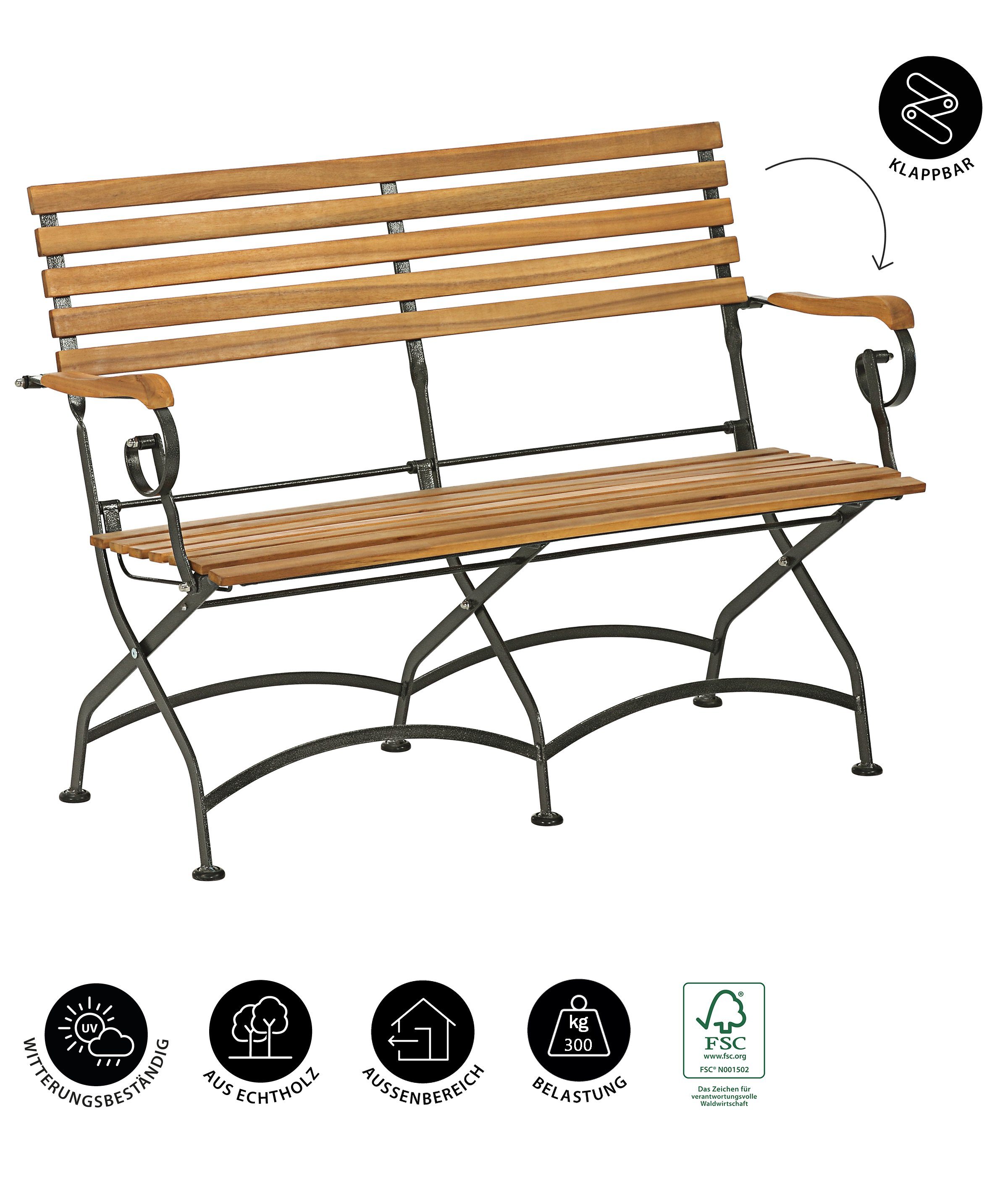 Dehner Gartenbank Klappbank Tegernsee 2-Sitzer ca. 124 x 88 x 57 cm, Gartenbank für Balkon oder Hauseingang, nostalgisch romantisch