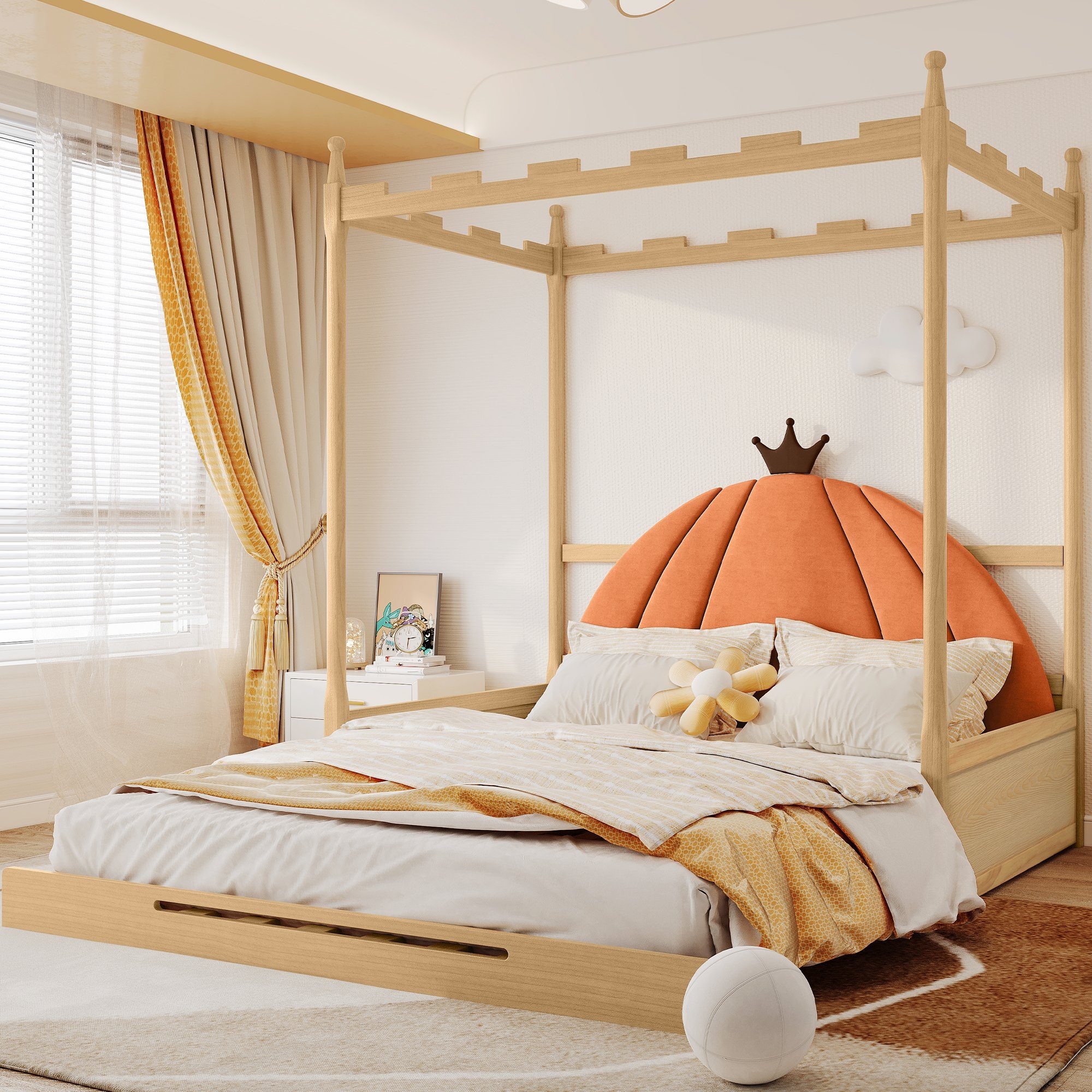 BlingBin Kinderbett Schiebebett Doppelbett Jugendbetten 140x100cm&140x200cm (dreiseitige Schutz, ausziehbare Bett) Natur | Natur | Natur | Orange