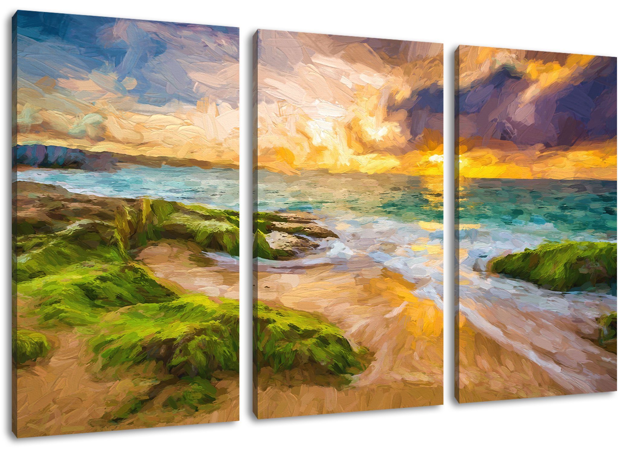 Pixxprint Leinwandbild Sonnuntergang auf Hawaii Kunst, Sonnuntergang auf Hawaii Kunst 3Teiler (120x80cm) (1 St), Leinwandbild fertig bespannt, inkl. Zackenaufhänger