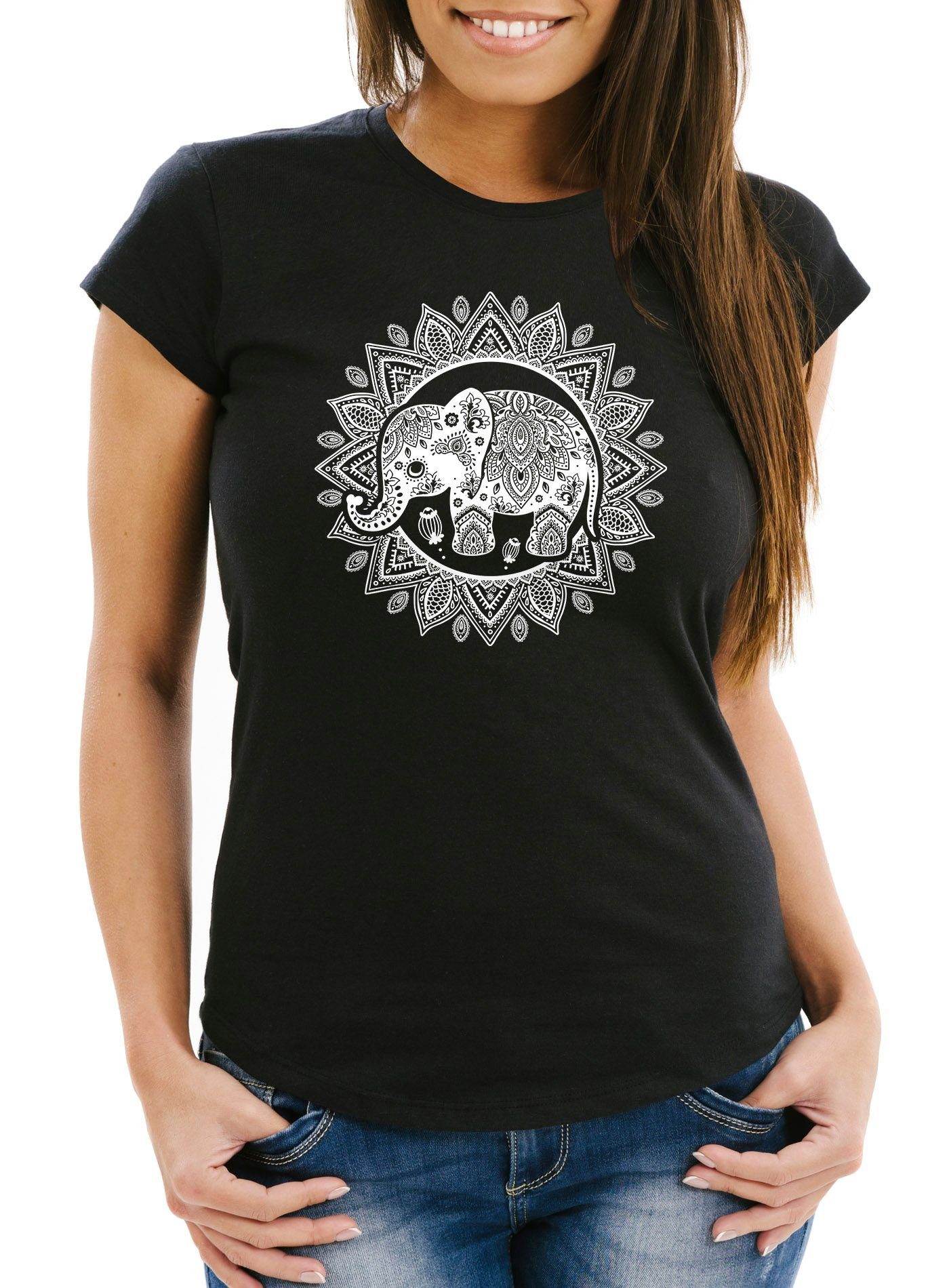 Neverless Print-Shirt Damen Elefant Print mit Ethno Ornament Slim Boho Mandala Tribal Neverless® T-Shirt Fit Bohamian