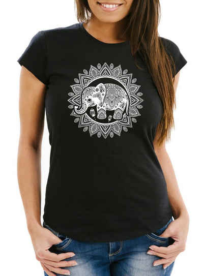 Neverless Print-Shirt Damen T-Shirt Elefant Mandala Boho Bohamian Ethno Tribal Ornament Slim Fit Neverless® mit Print