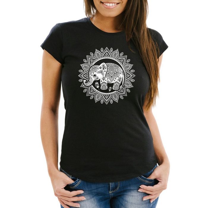 Neverless Print-Shirt Damen T-Shirt Elefant Mandala Boho Bohamian Ethno Tribal Ornament Slim Fit Neverless® mit Print