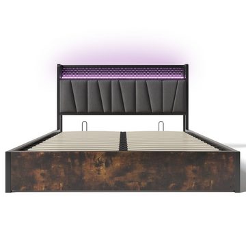 Flieks Polsterbett, LED Metallbett Holzbett mit Ladefunktion und Stauraum 140x200cm