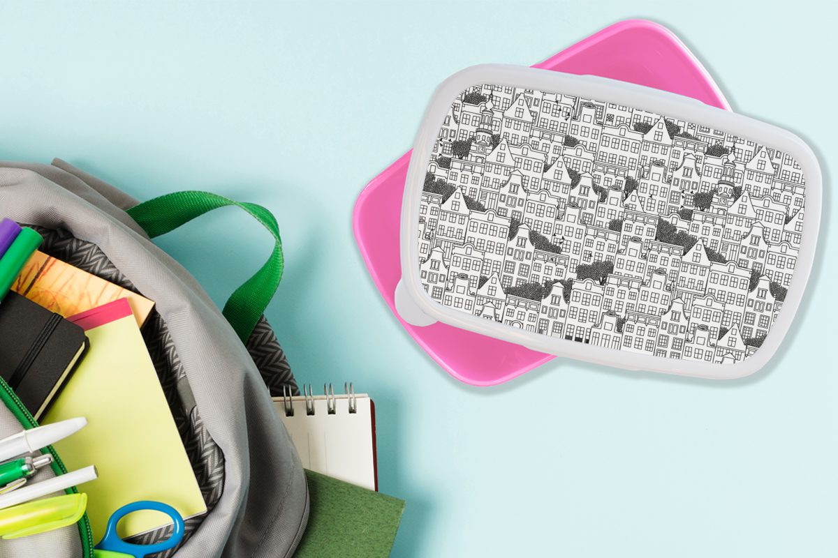 Grachtenhaus Kunststoff für Mädchen, Kinder, (2-tlg), Brotdose Erwachsene, - Brotbox Lunchbox Amsterdam Snackbox, MuchoWow Kunststoff, - Zentangle, rosa